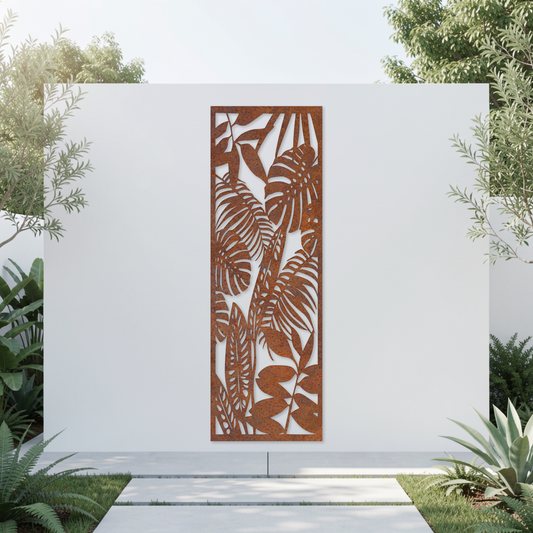 Corten Steel Garden Screen - Tropical Leaf Design