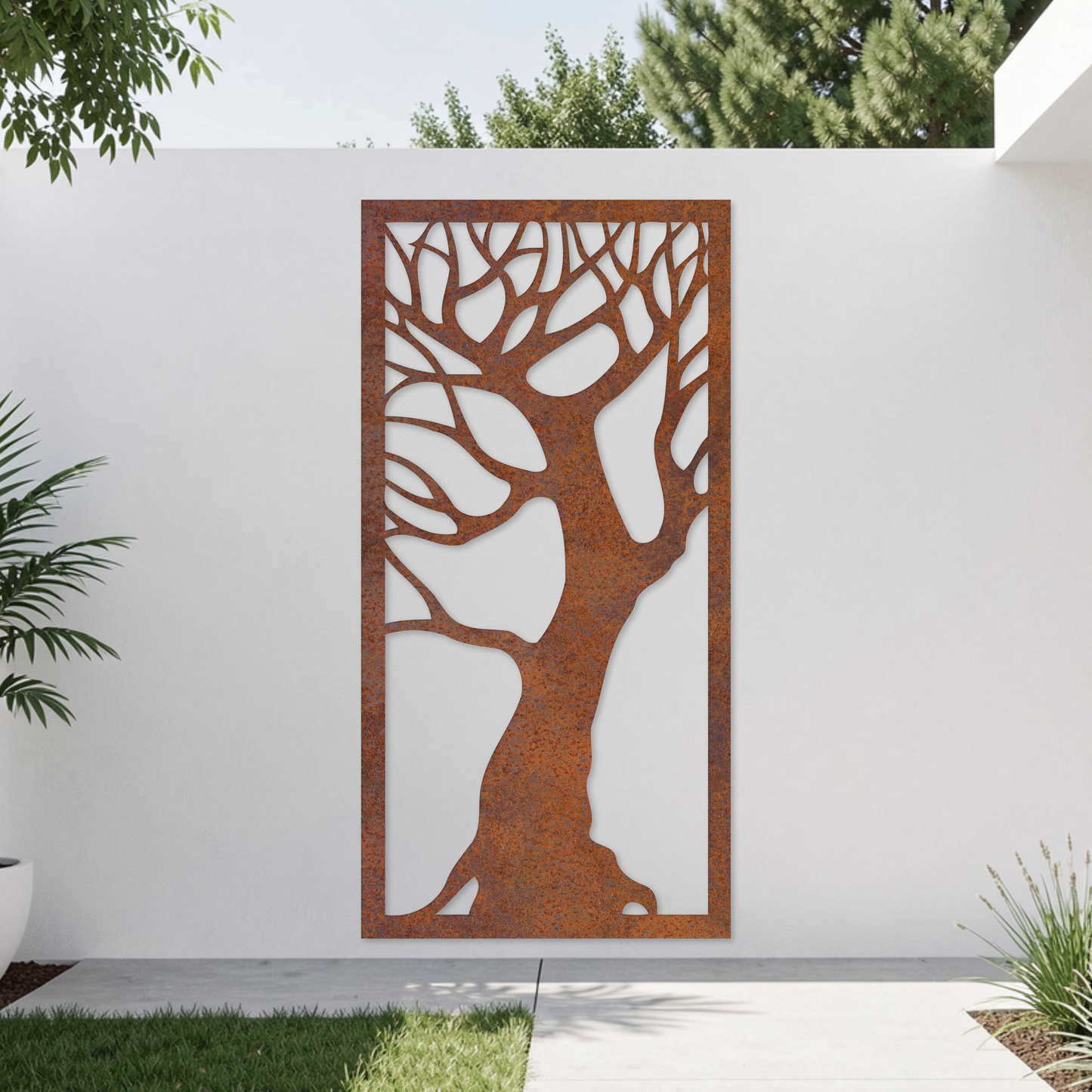 Corten Steel Garden Screen - Tree Silhouette Design