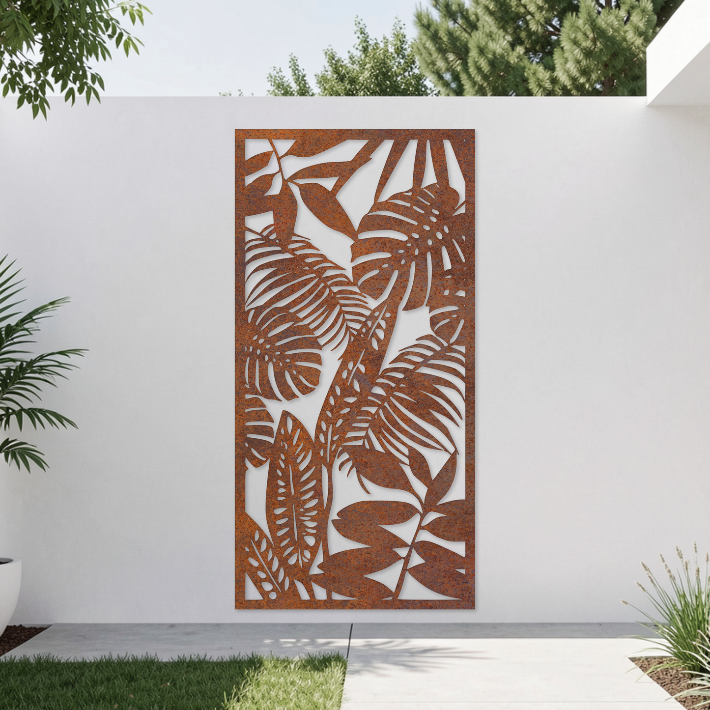 Corten Steel Garden Screen - Tropical Leaf Design