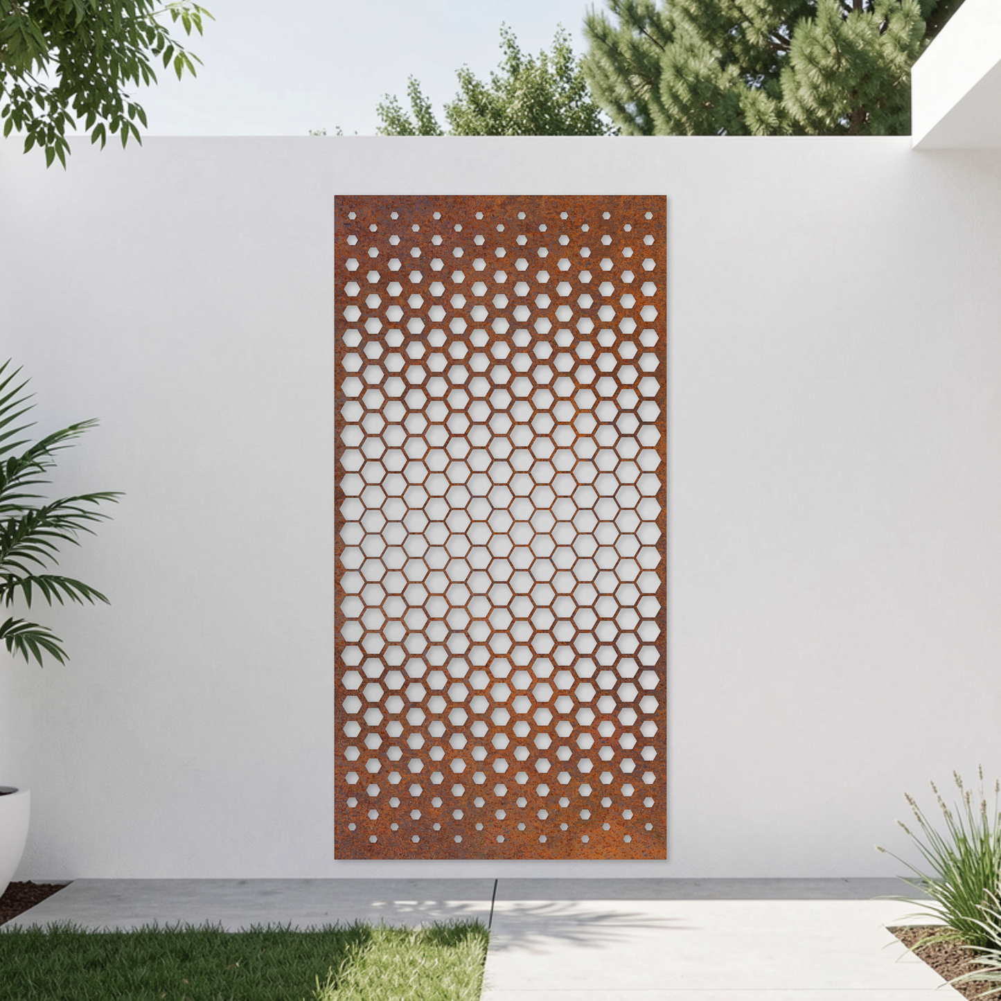 Corten Steel Garden Screen - Honeycomb Gradient Design