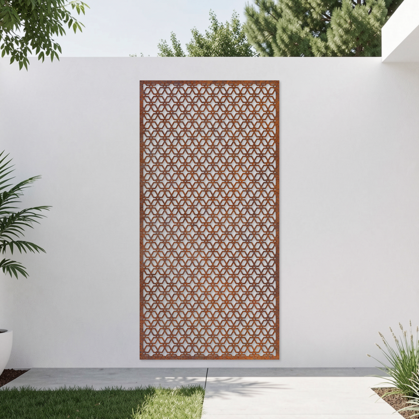 Corten Steel Garden Screen - Interwoven Geometric Design