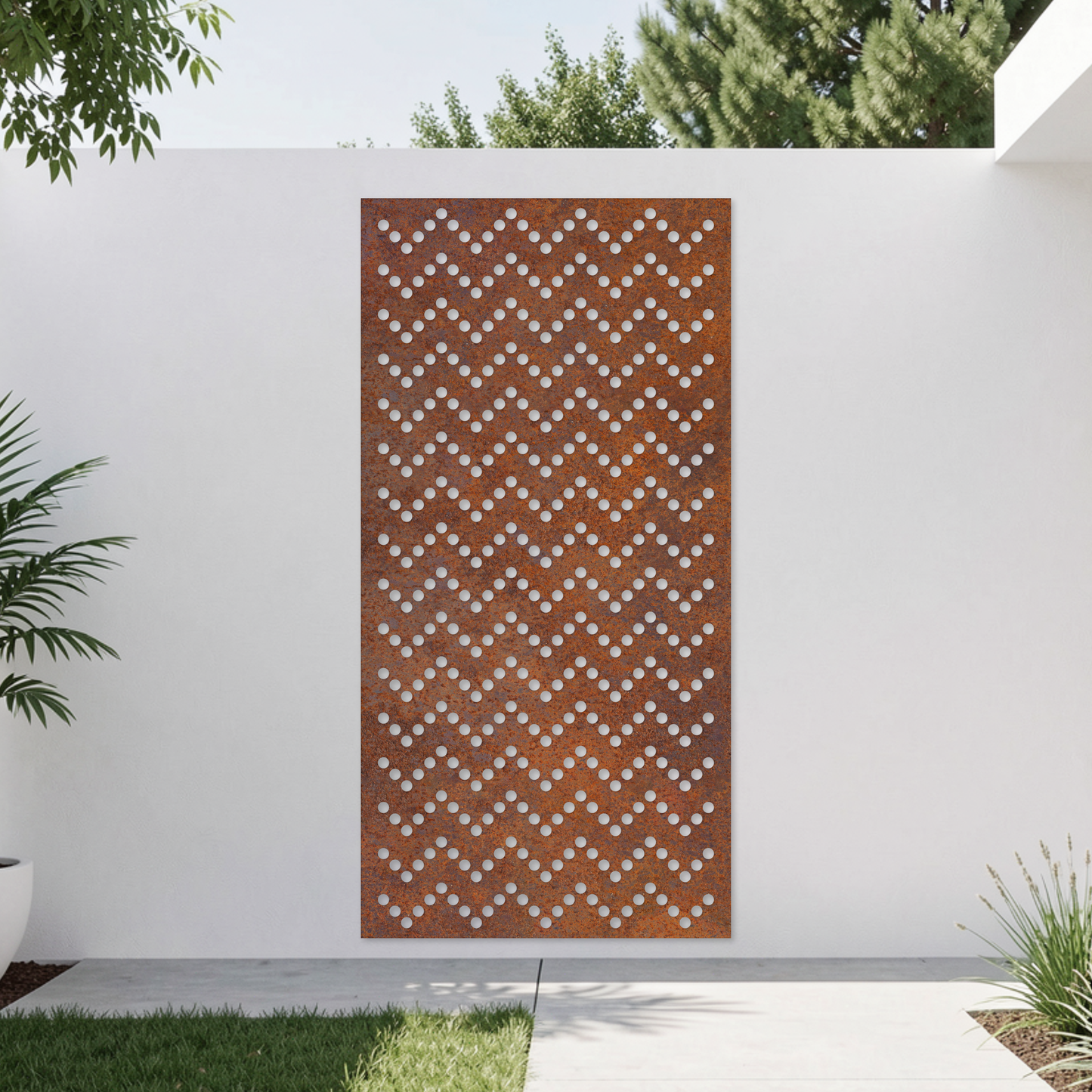 Corten Steel Garden Screen - Perforated Chevron Pattern Design