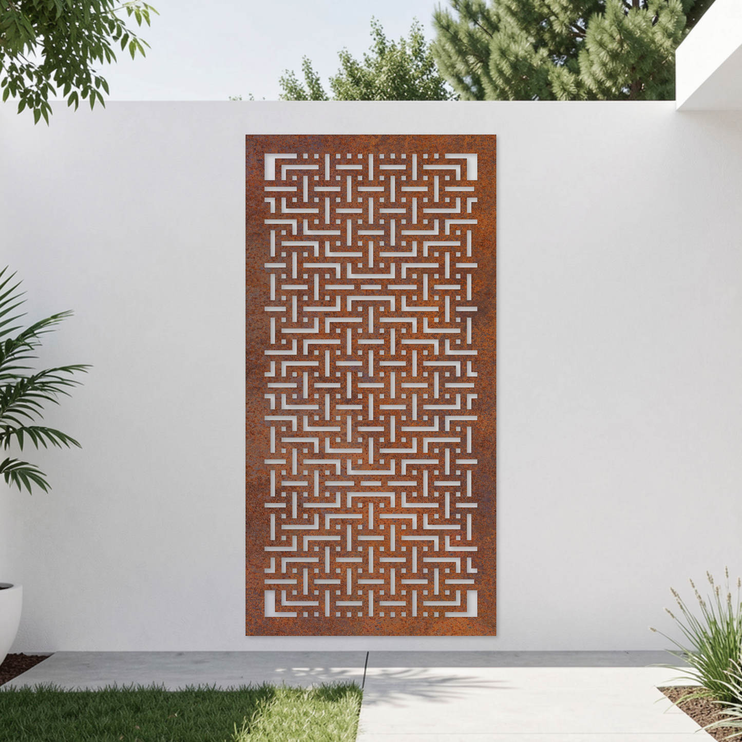 Corten Steel Garden Screen - Interlocking Grid Pattern Design