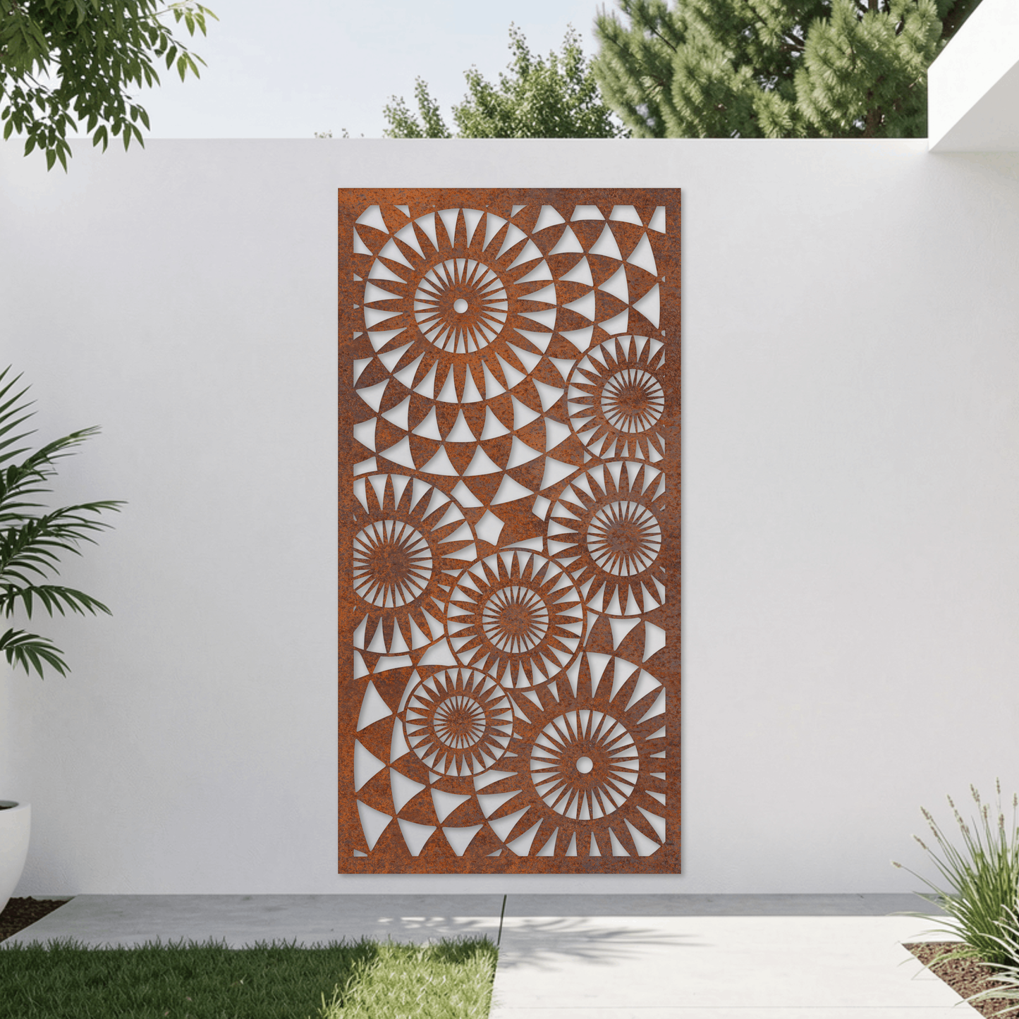 Corten Steel Garden Screen - Radiating Circle Design