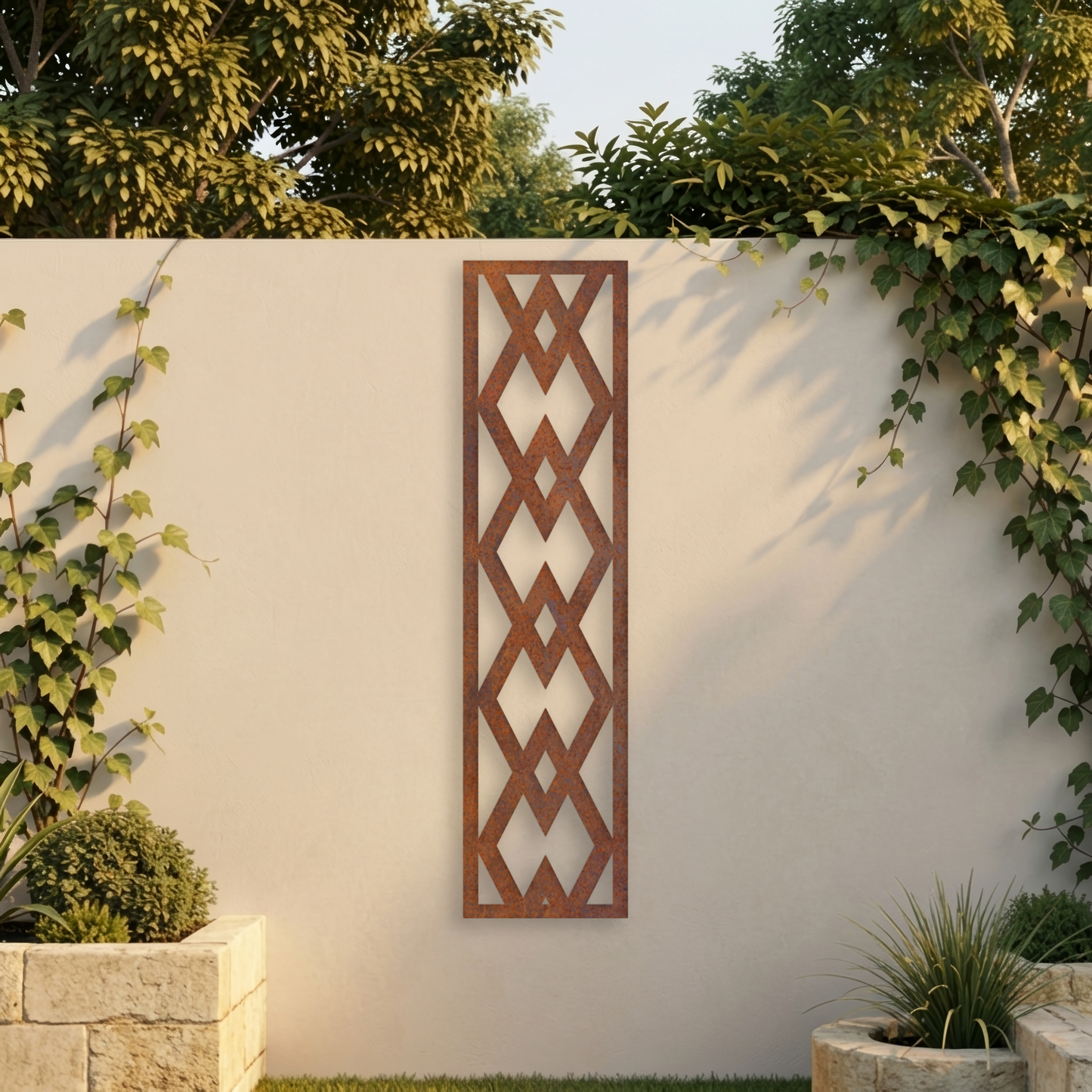 Corten Steel Decorative Garden Trellis Panel - Diamond Weave Design