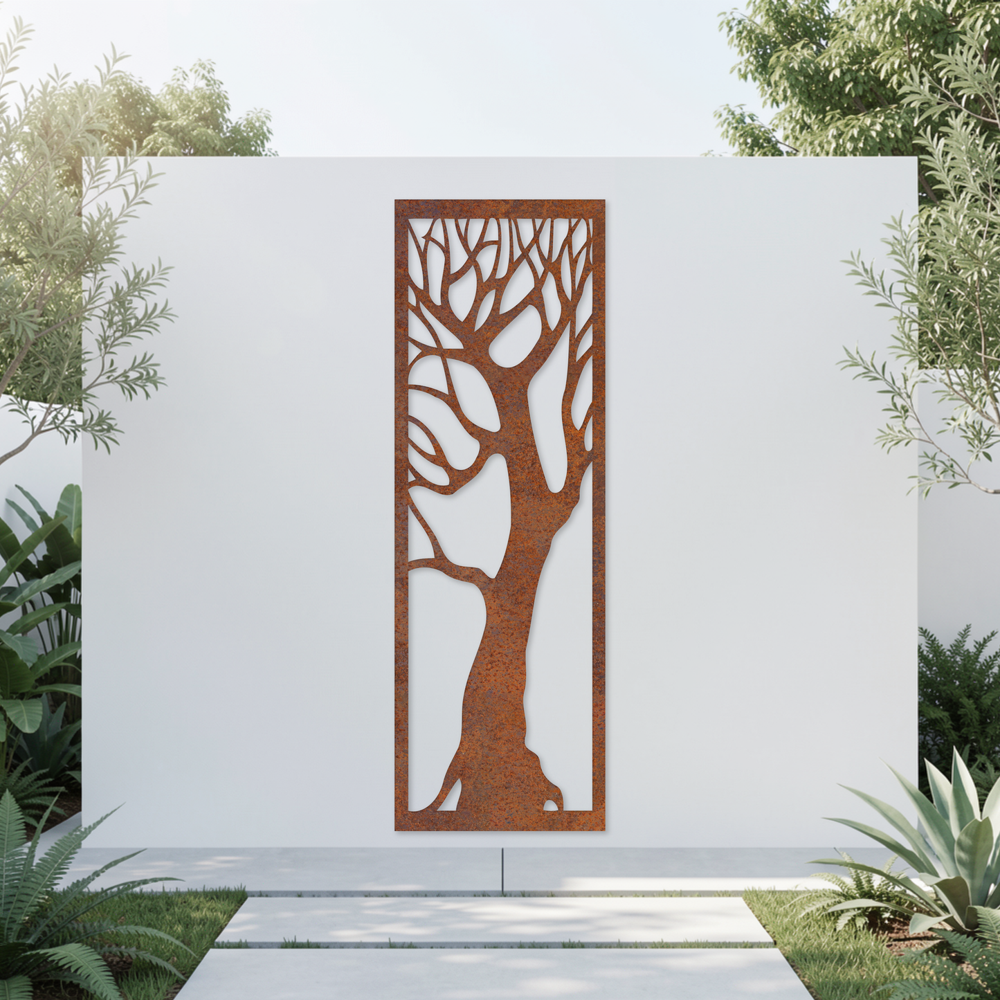 Corten Steel Garden Screen - Tree Silhouette Design