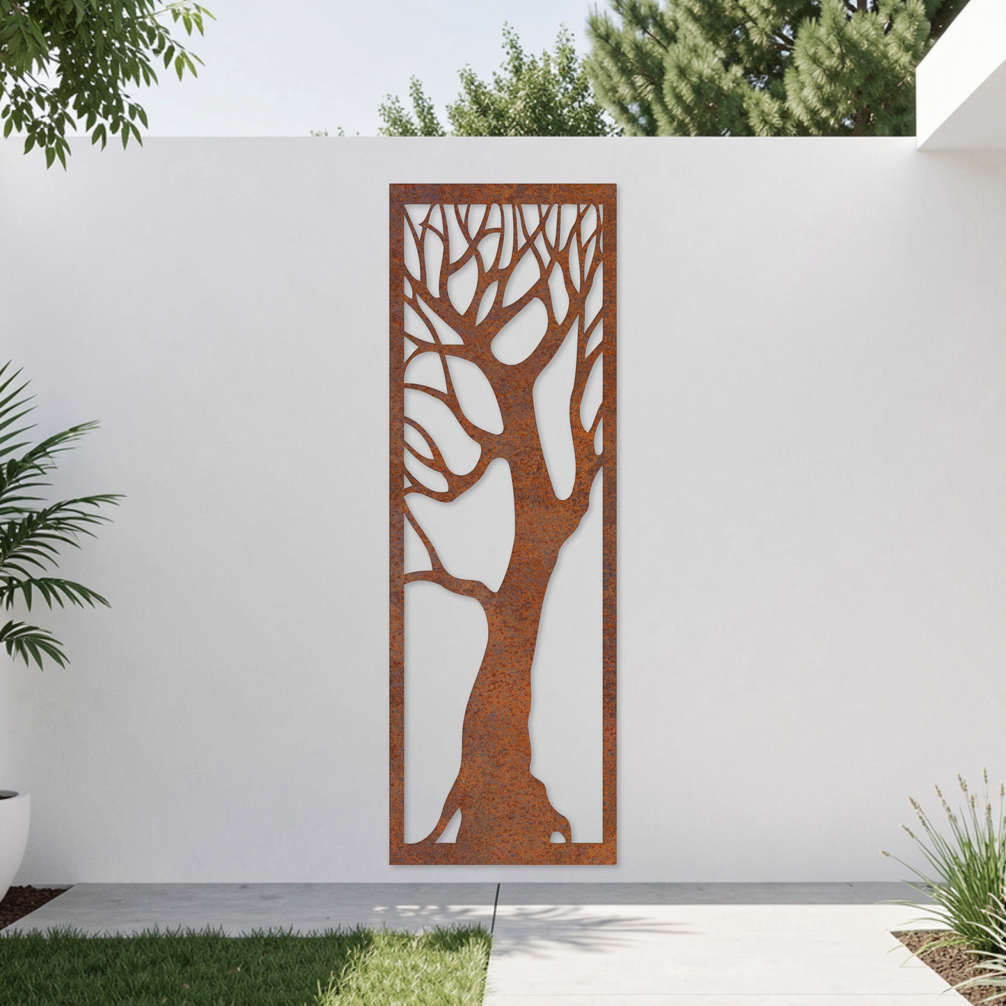 Corten Steel Garden Screen - Tree Silhouette Design
