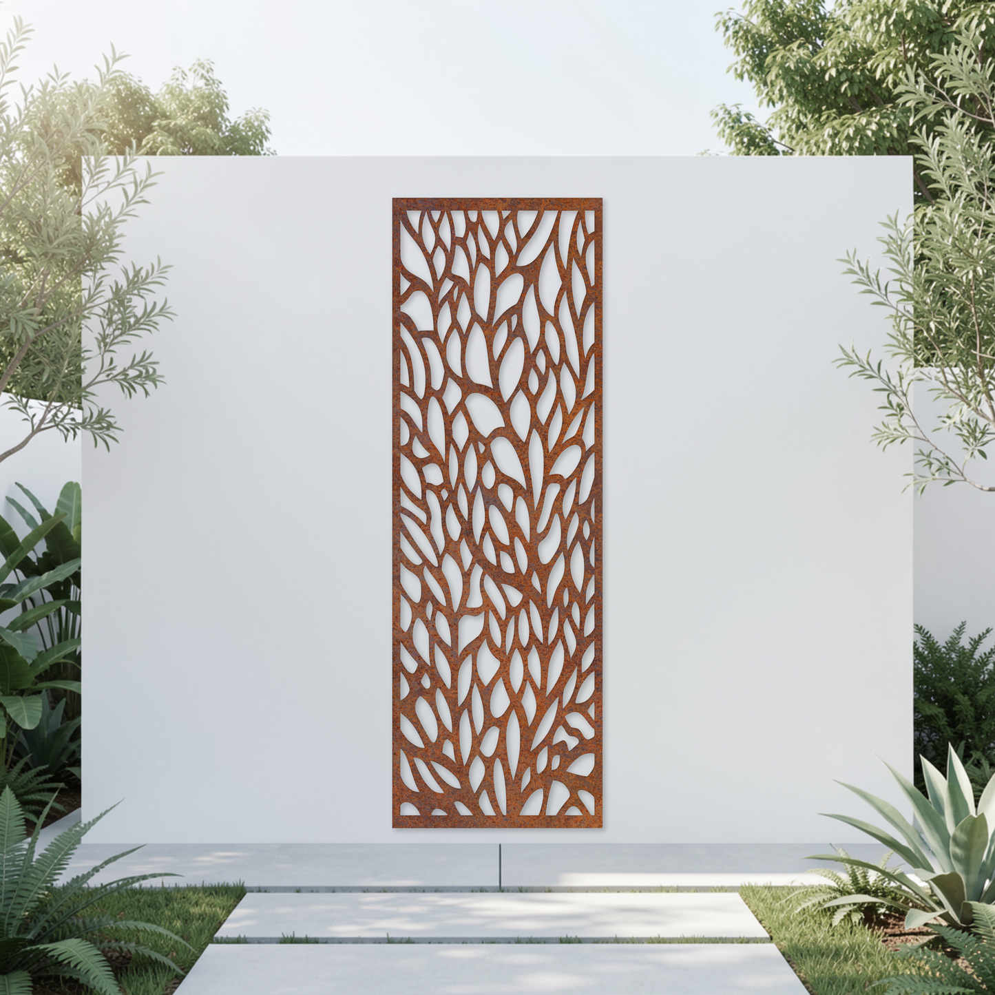Corten Steel Garden Screen - Leaf Pattern Design
