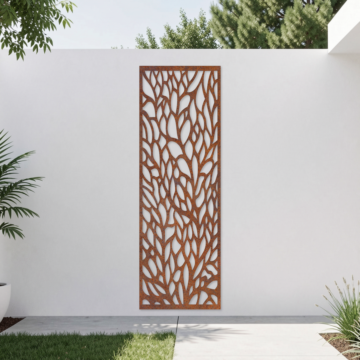 Corten Steel Garden Screen - Leaf Pattern Design