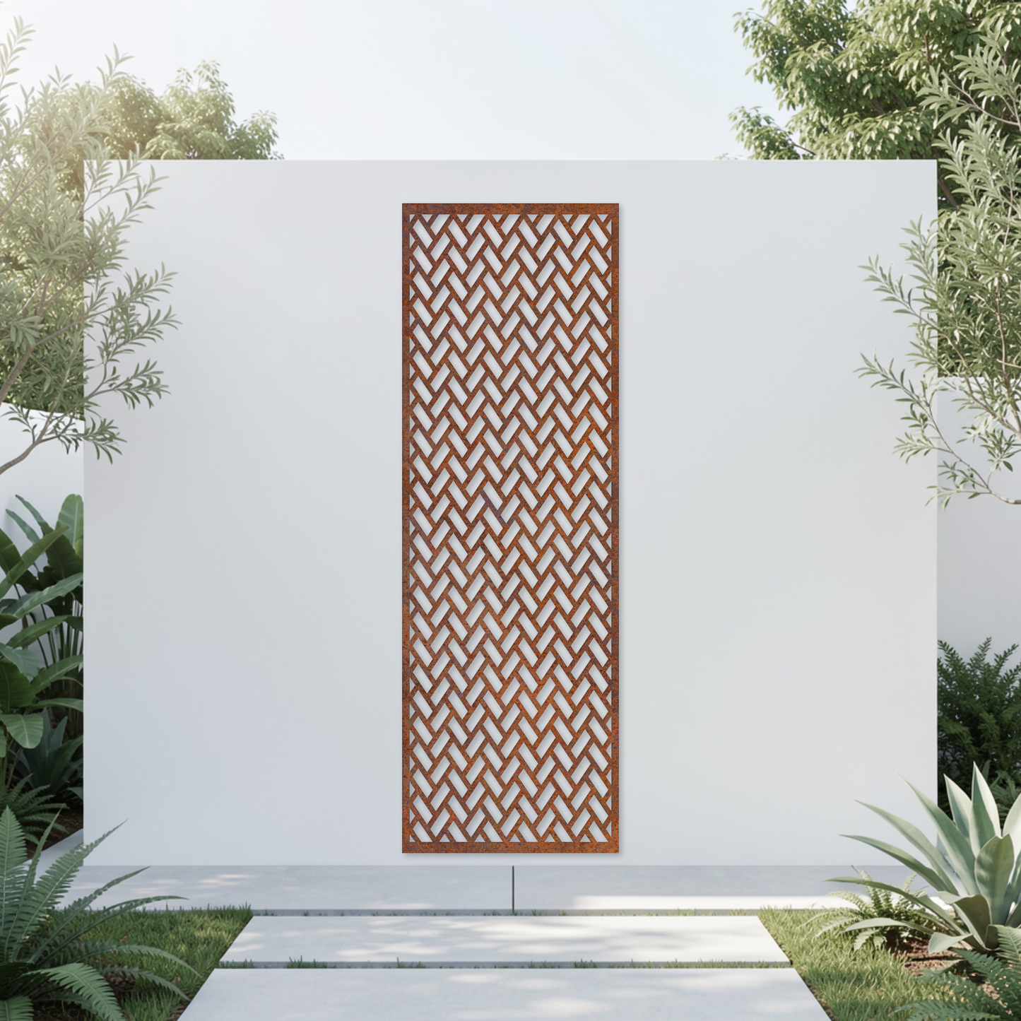 Corten Steel Garden Screen - Herringbone Design