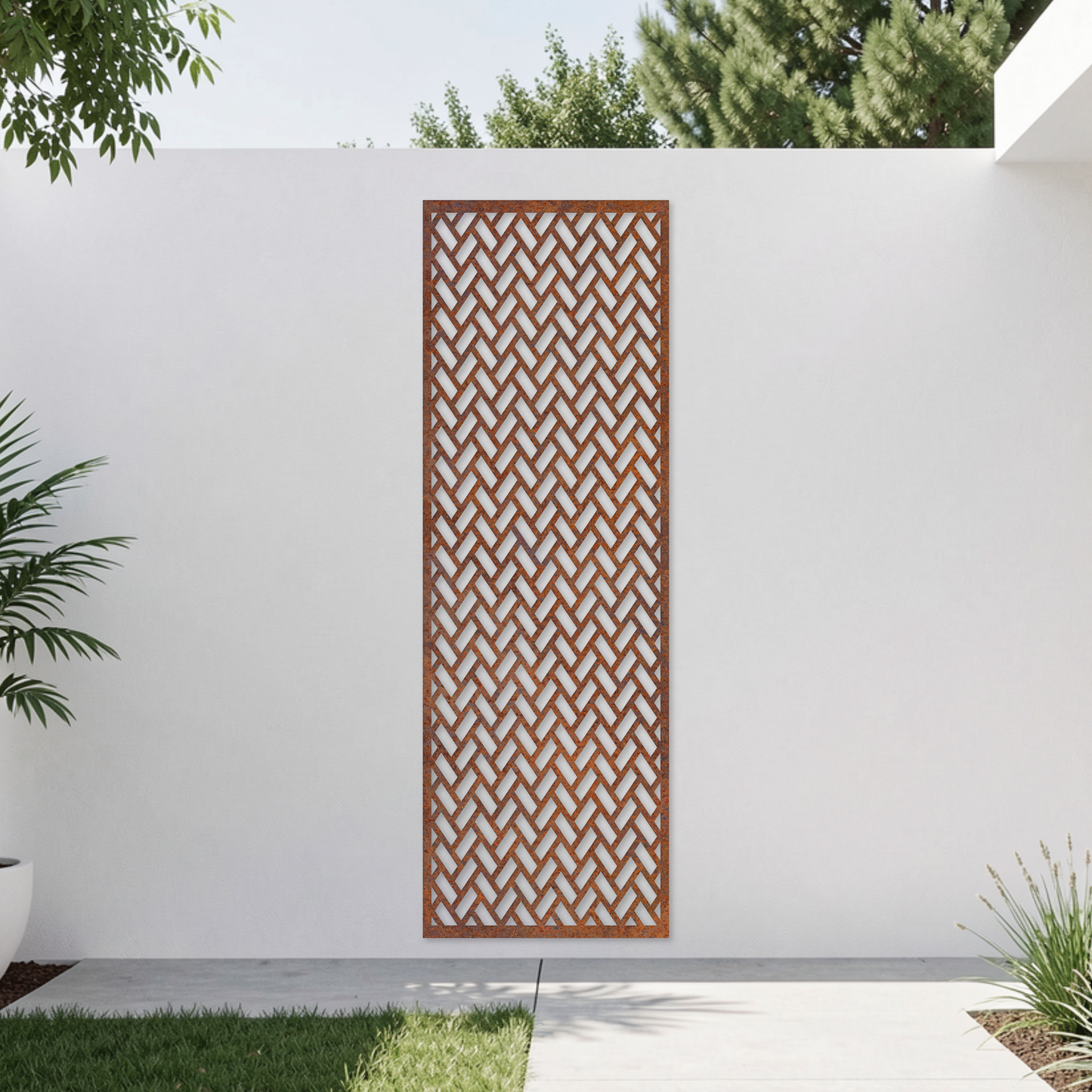 Corten Steel Garden Screen - Herringbone Design