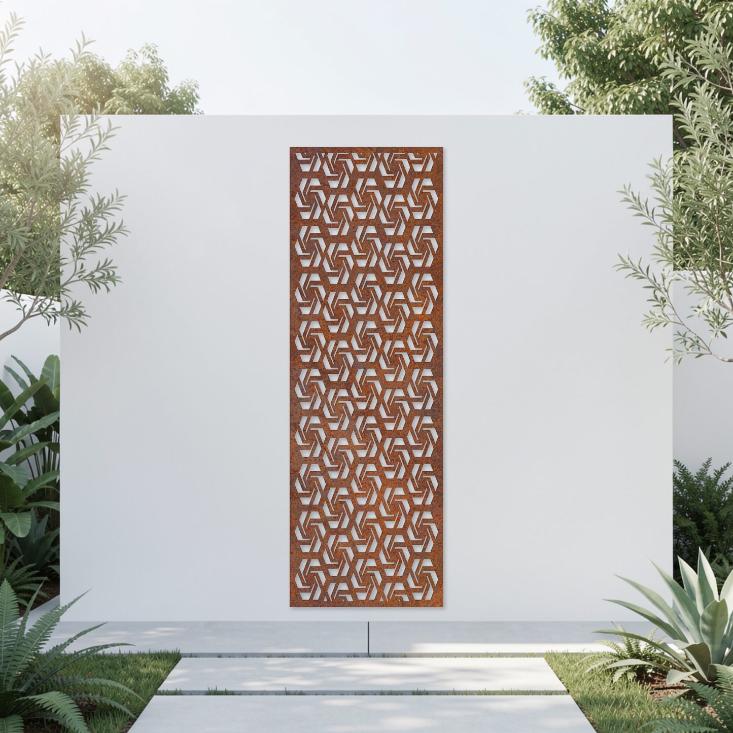 Corten Steel Garden Screen - Interlocking Geometric Design