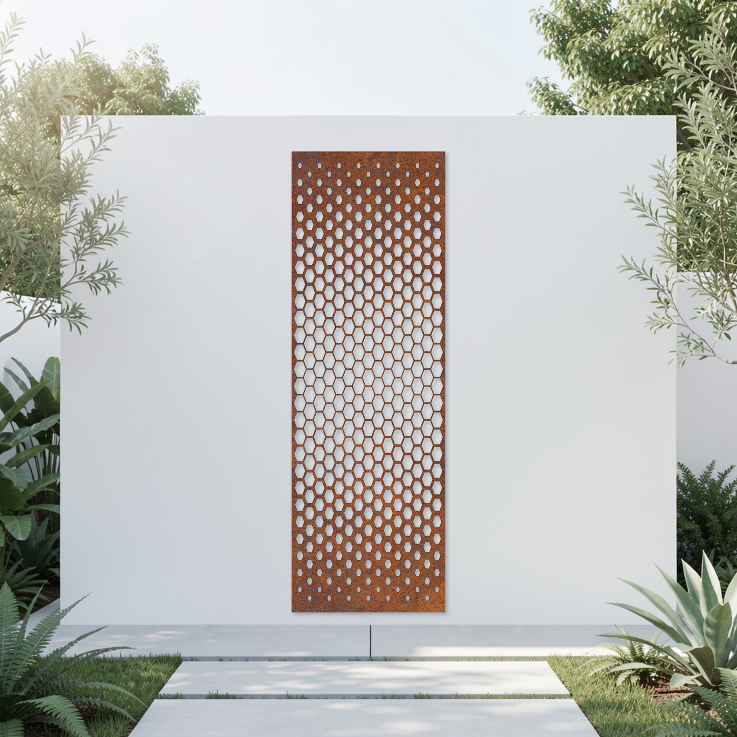 Corten Steel Garden Screen - Honeycomb Gradient Design