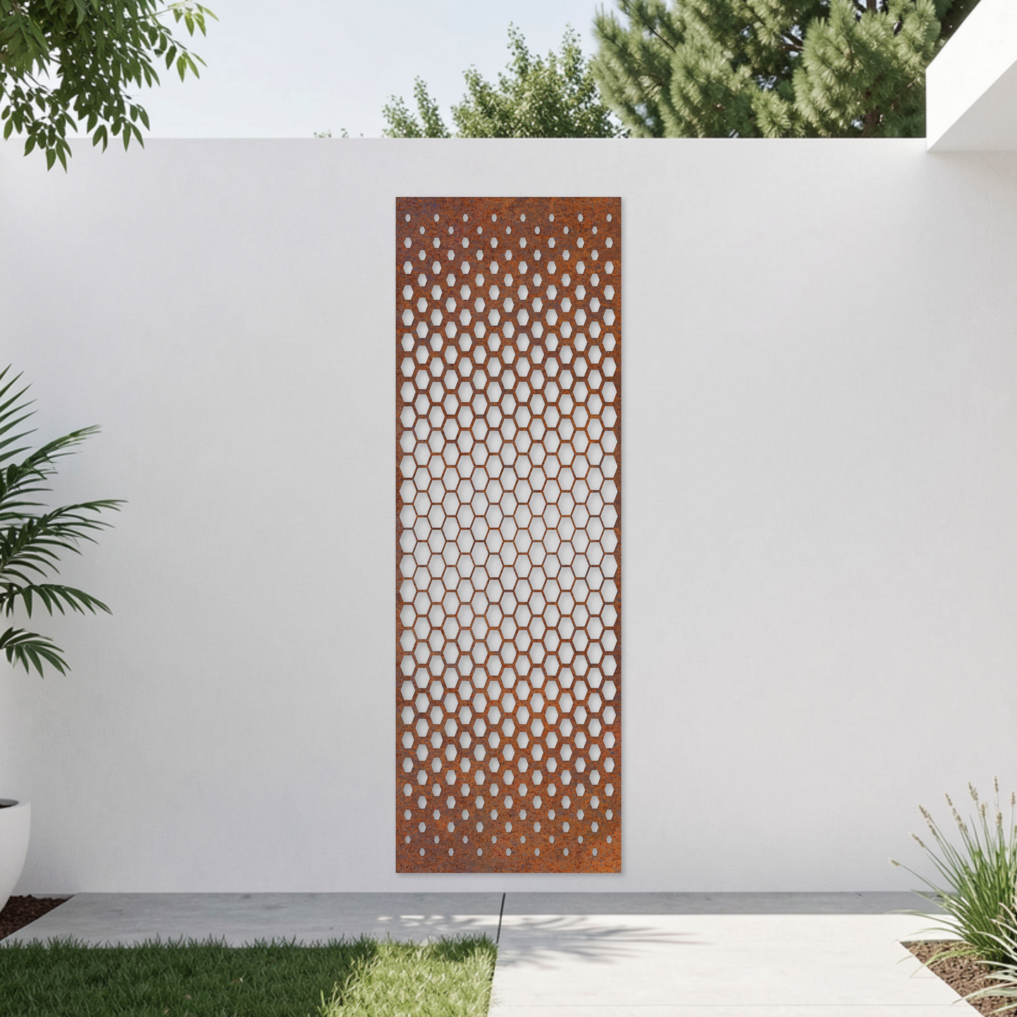 Corten Steel Garden Screen - Honeycomb Gradient Design