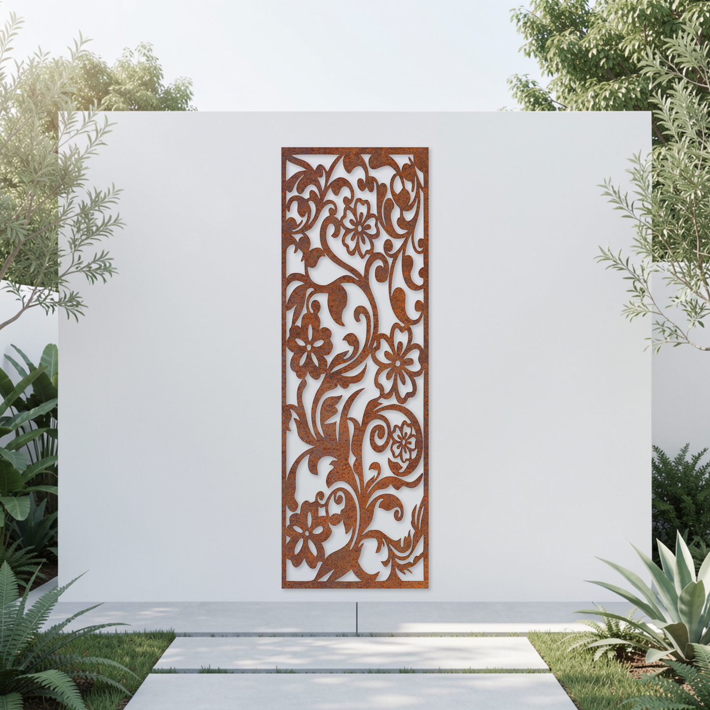 Corten Steel Garden Screen - Floral Vine Design