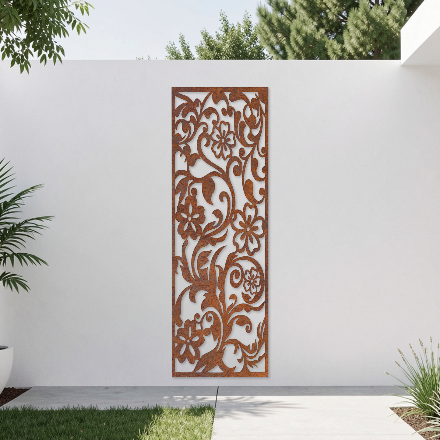 Corten Steel Garden Screen - Floral Vine Design