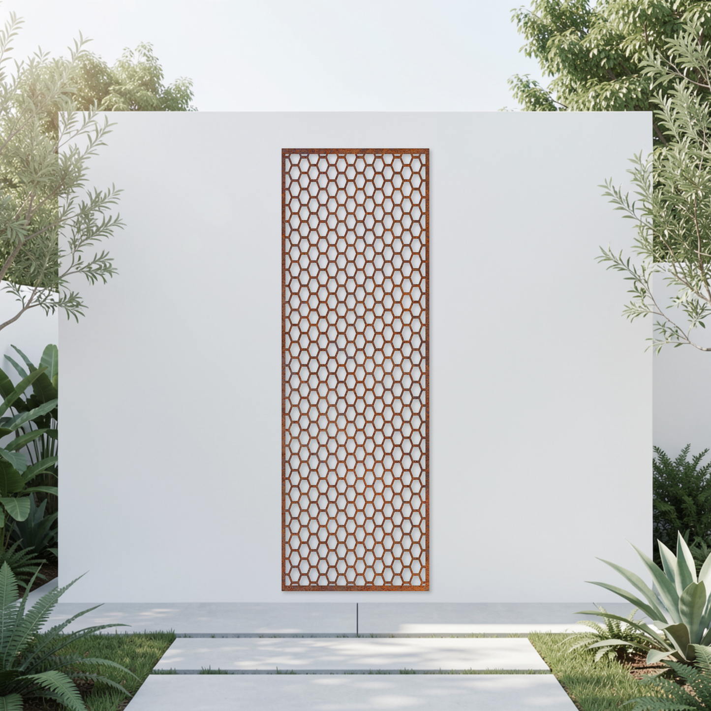 Corten Steel Garden Screen - Geometric Hexagon Design