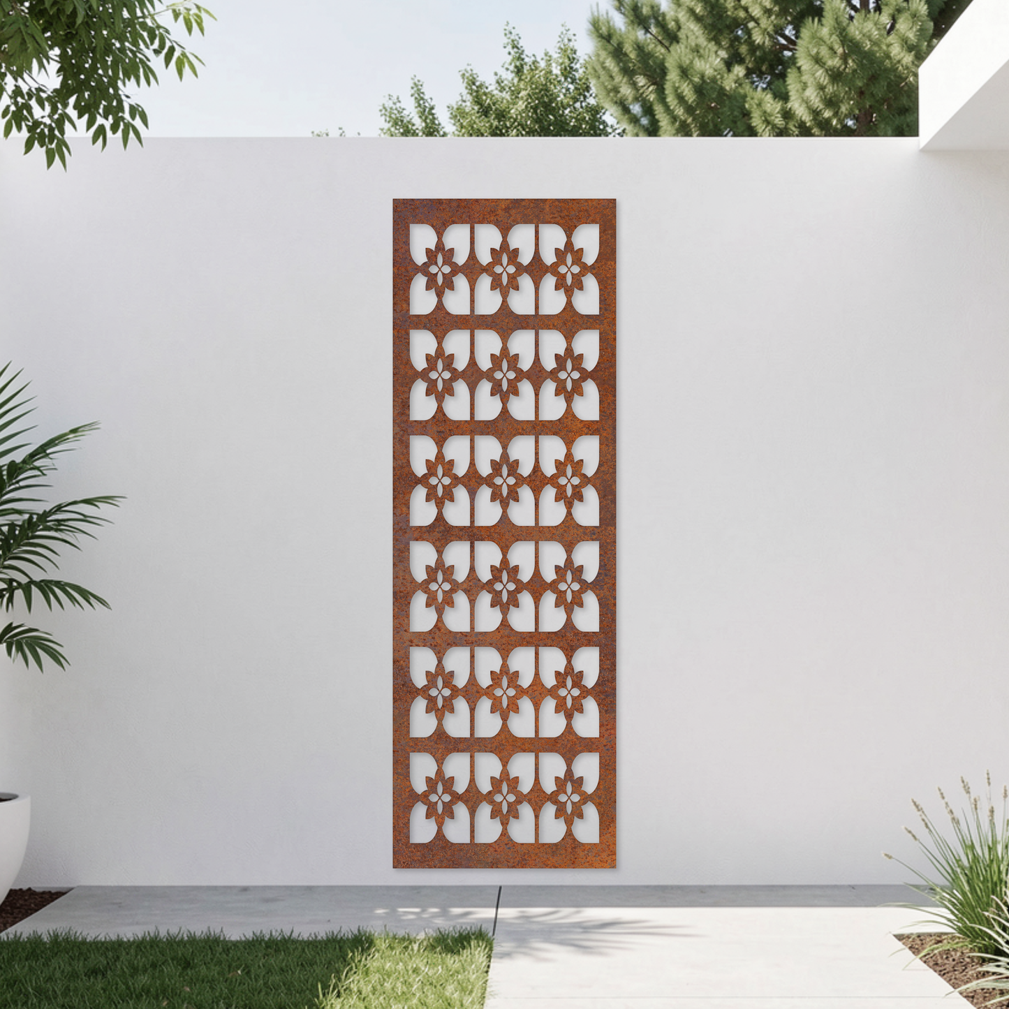 Corten Steel Garden Screen - Floral Tile Pattern Design