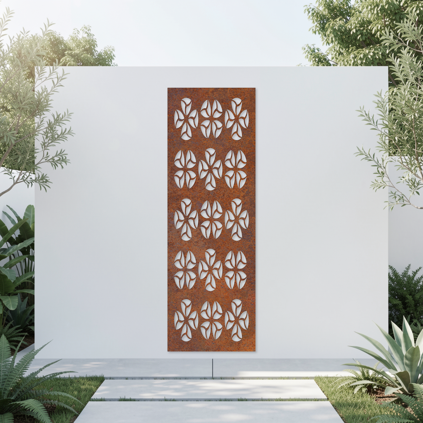 Corten Steel Garden Screen - Petal Rosette Pattern Design