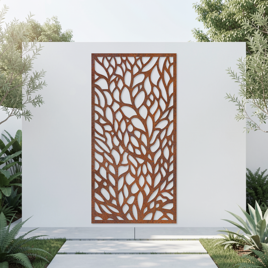 Corten Steel Garden Screen - Leaf Pattern Design