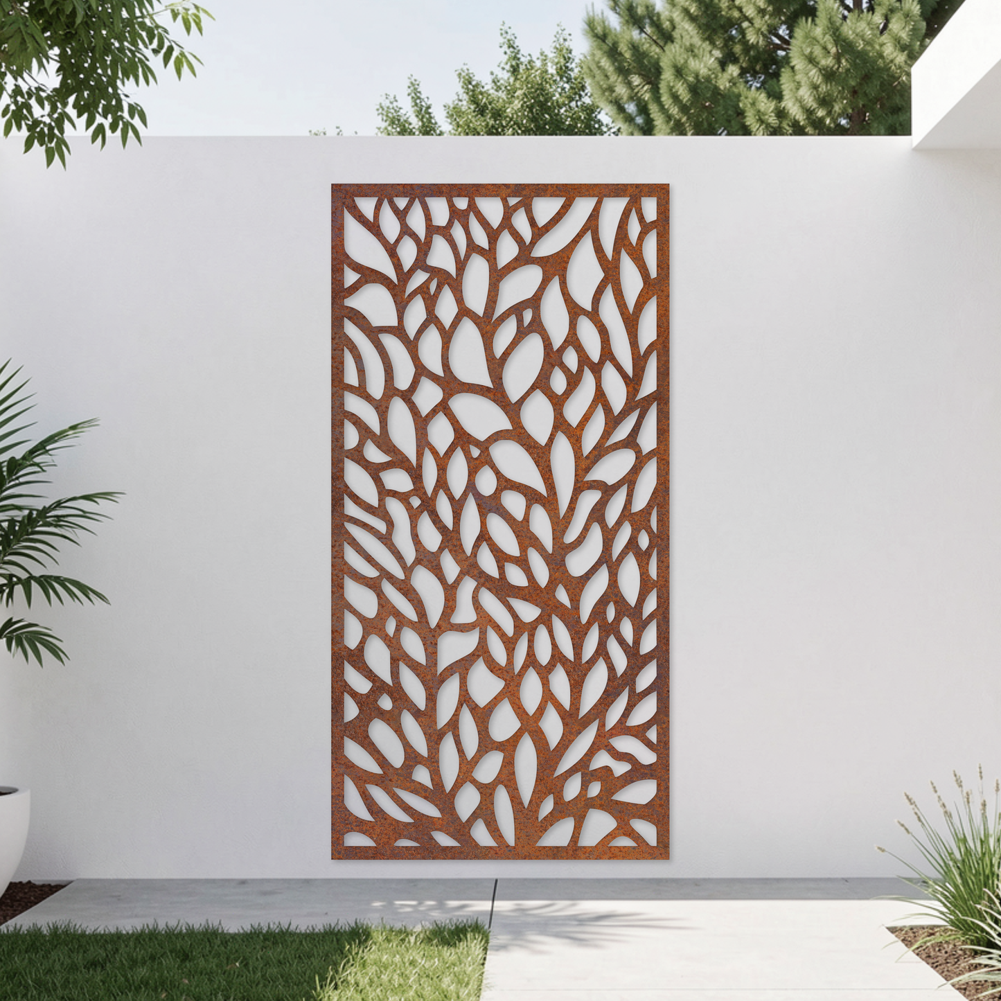 Corten Steel Garden Screen - Leaf Pattern Design