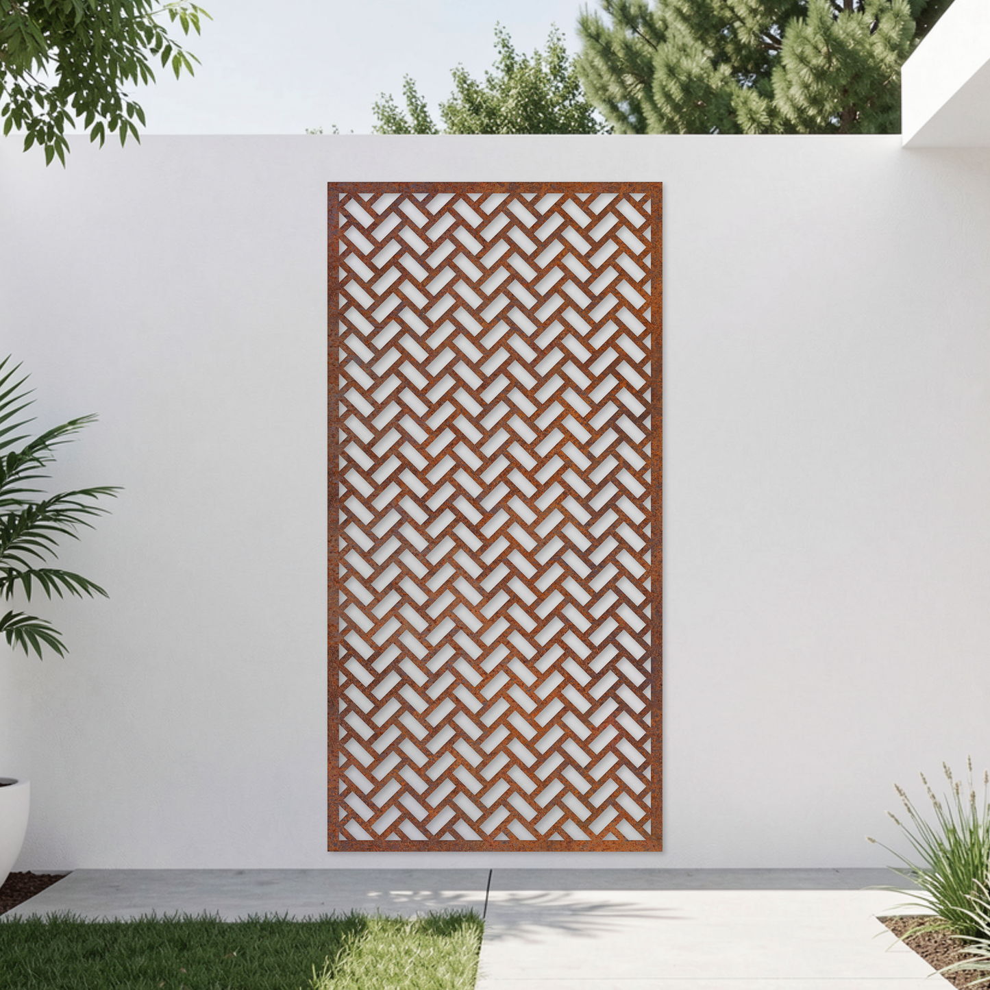 Corten Steel Garden Screen - Herringbone Design