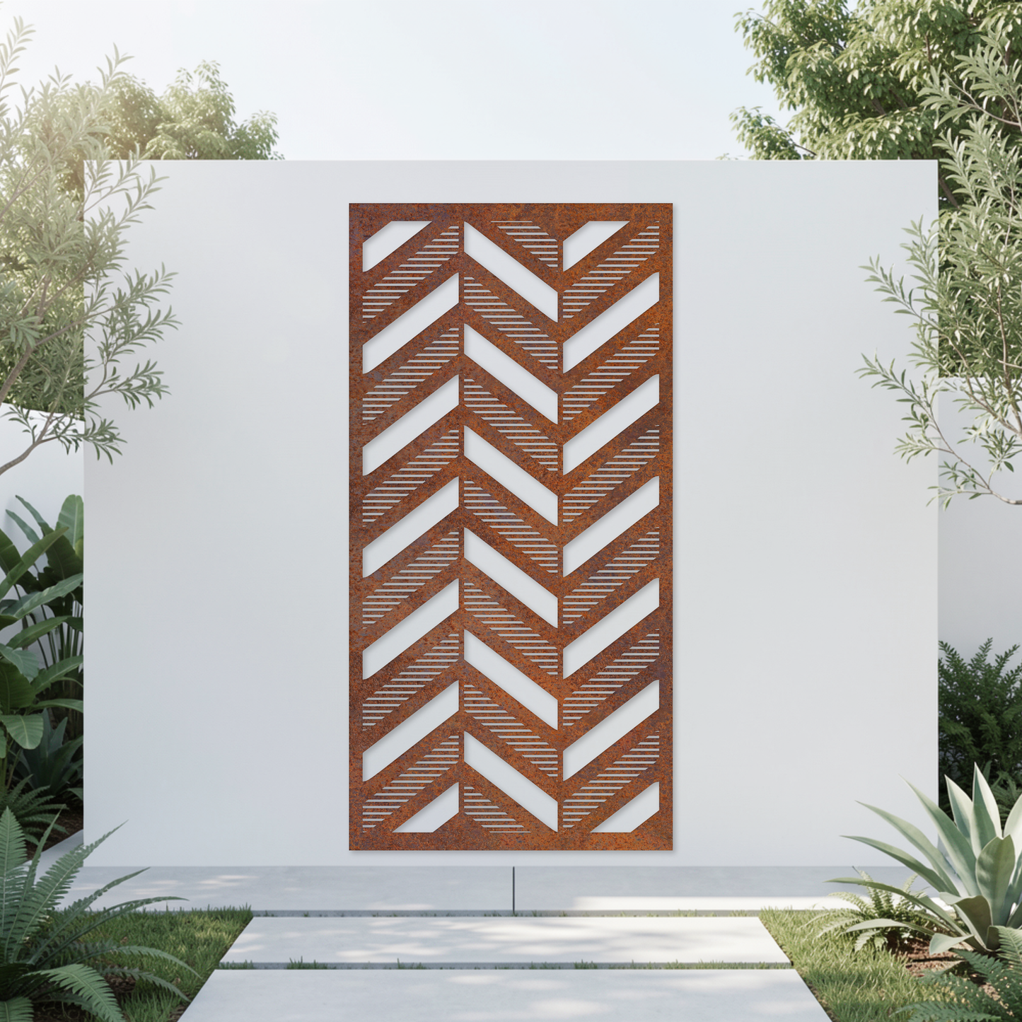 Corten Steel Garden Screen - Chevron Pattern Design