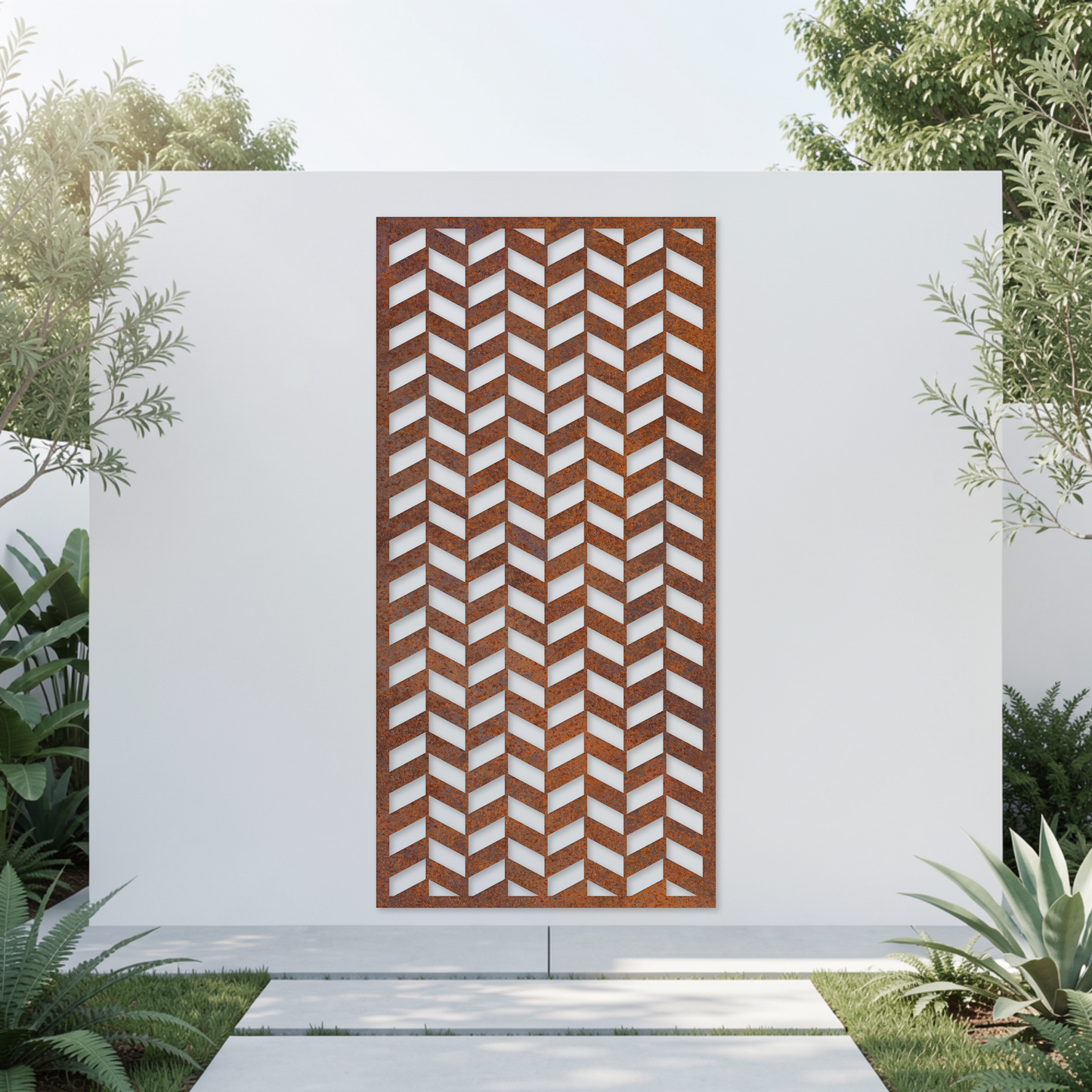 Corten Steel Garden Screen - Fine Herringbone Design