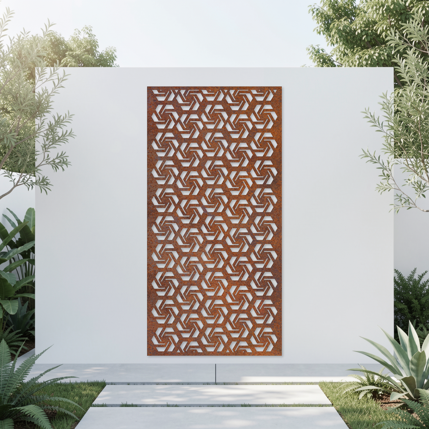 Corten Steel Garden Screen - Interlocking Geometric Design