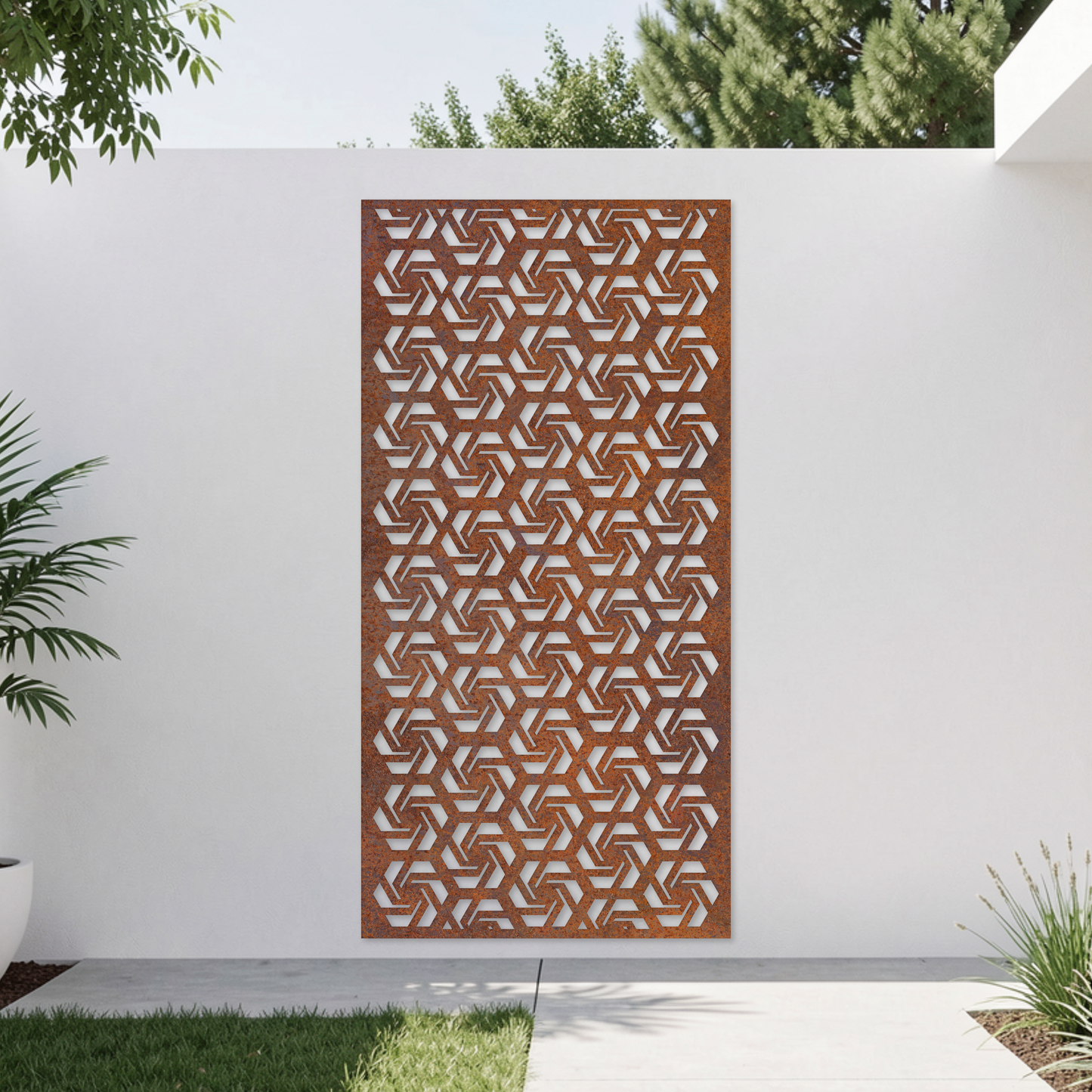 Corten Steel Garden Screen - Interlocking Geometric Design