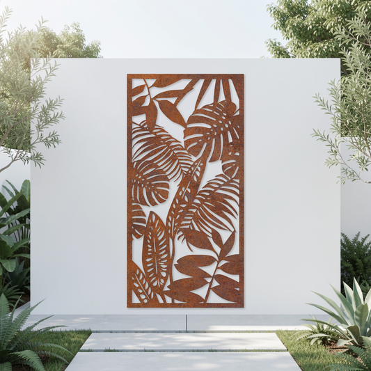 Corten Steel Garden Screen - Tropical Leaf Design