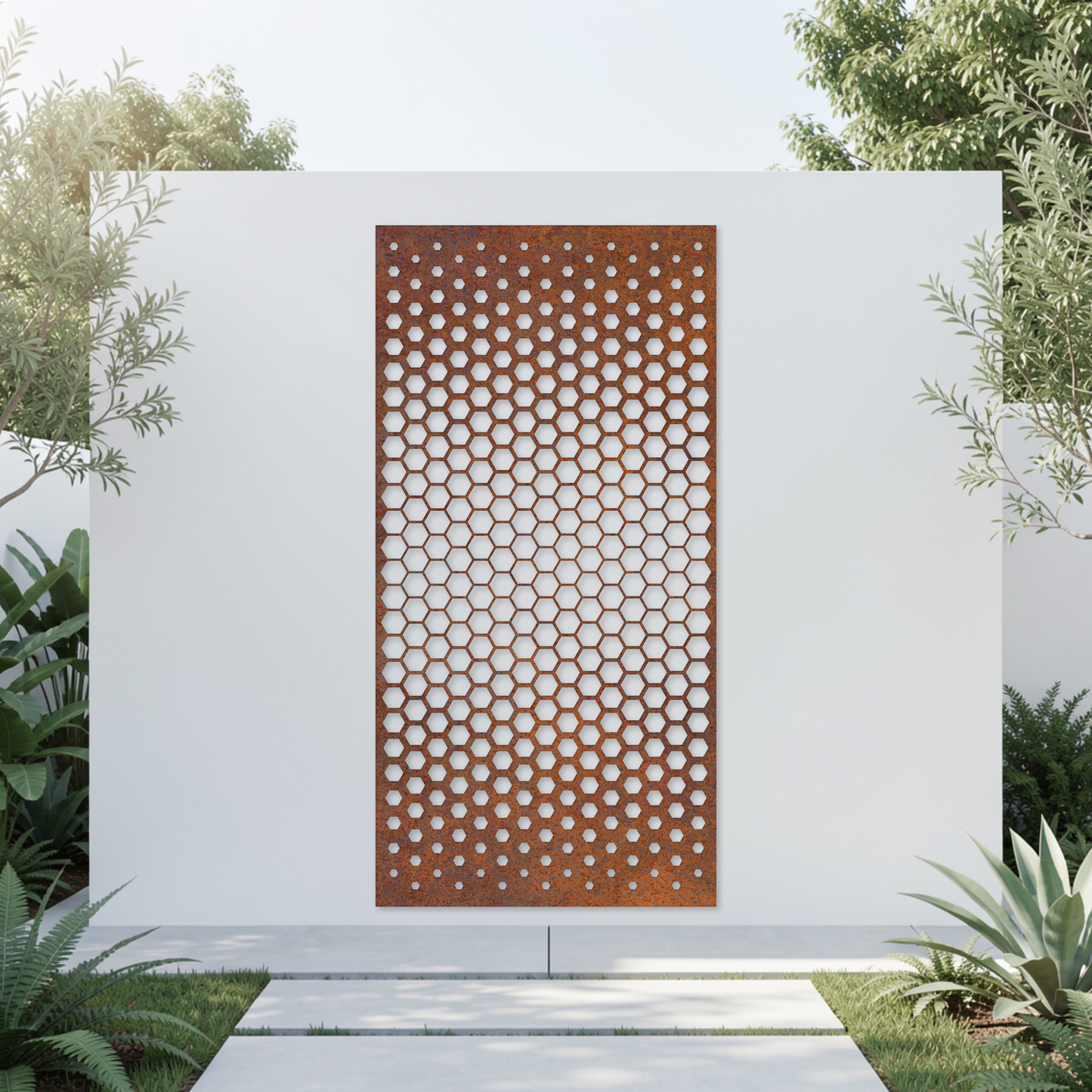 Corten Steel Garden Screen - Honeycomb Gradient Design