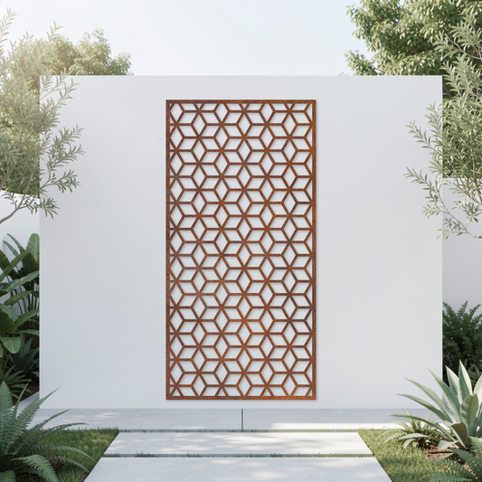 Corten Steel Garden Screen - Geometric Diamond Design