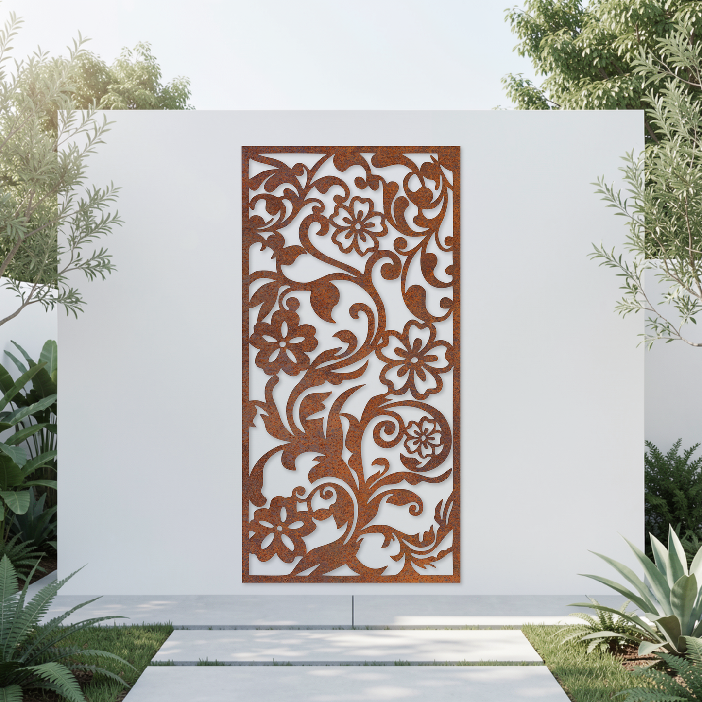 Corten Steel Garden Screen - Floral Vine Design