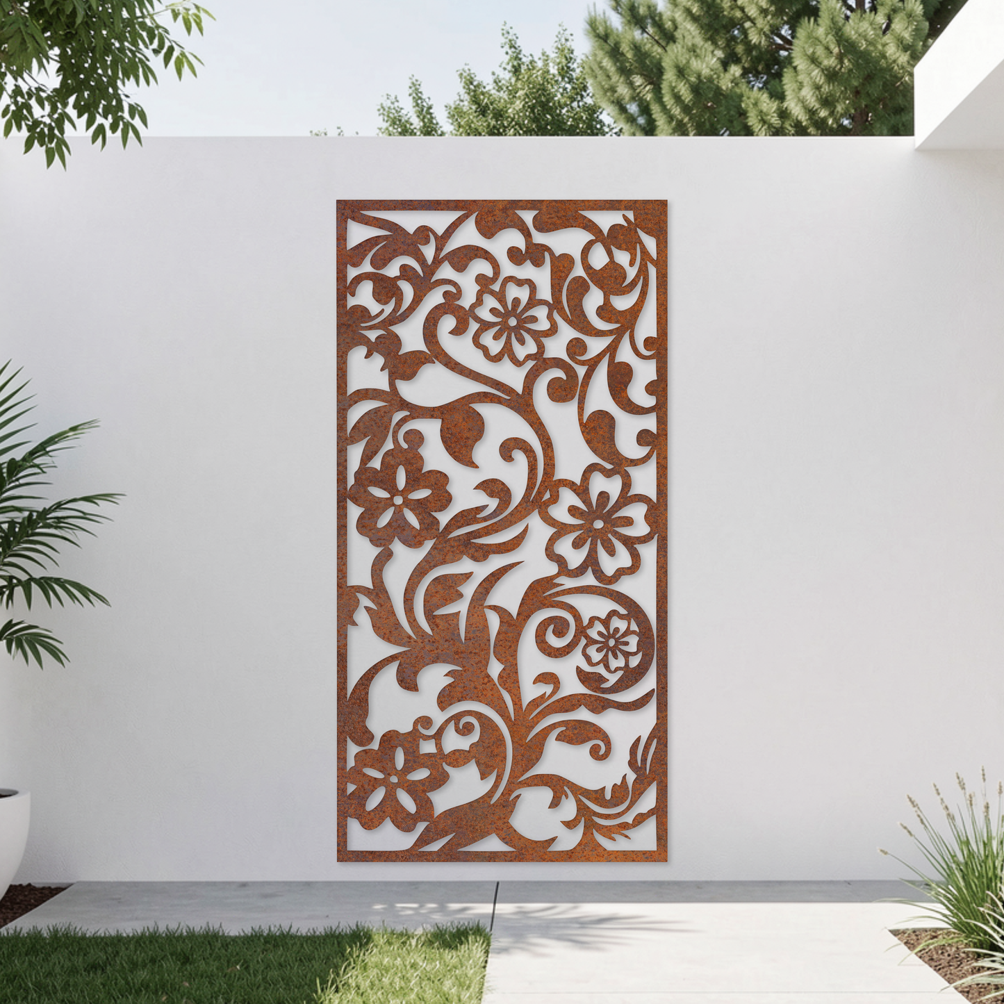 Corten Steel Garden Screen - Floral Vine Design