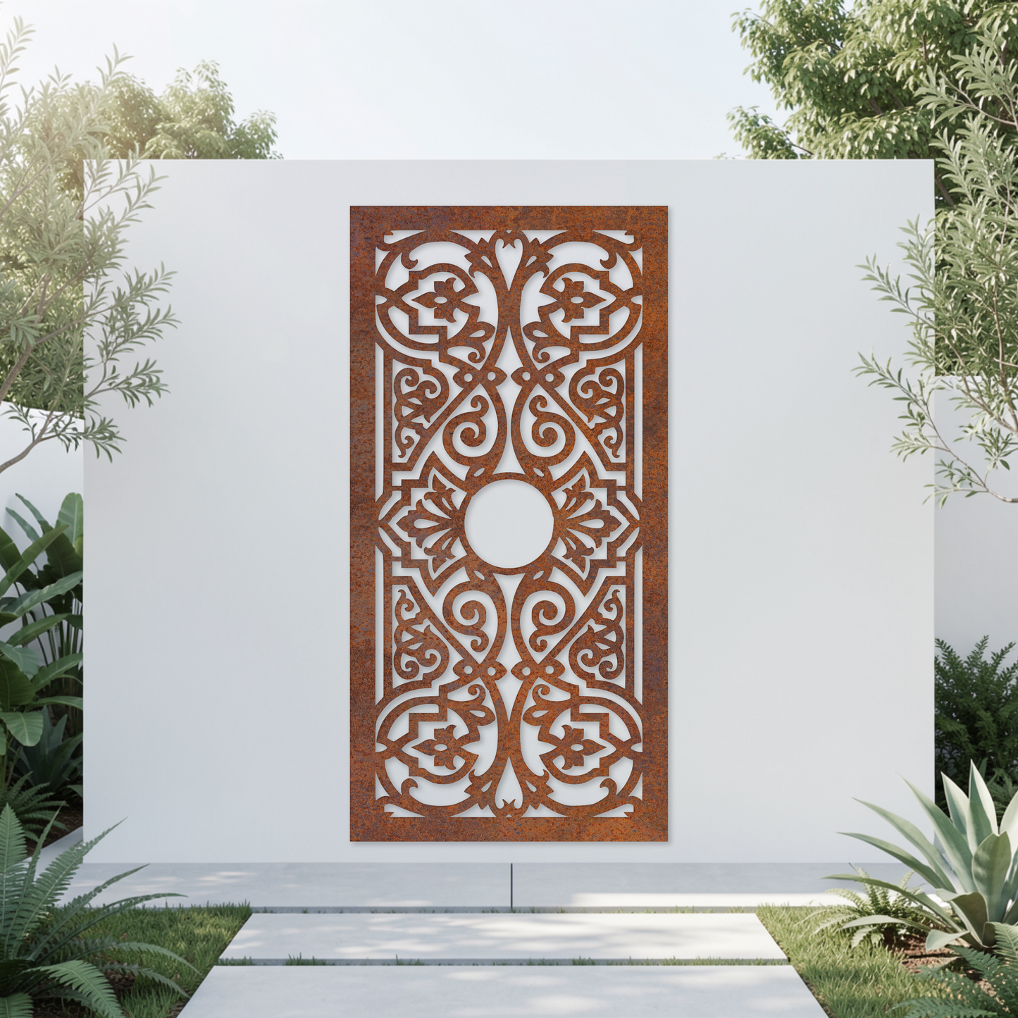Corten Steel Garden Screen - Medallion Scroll Design