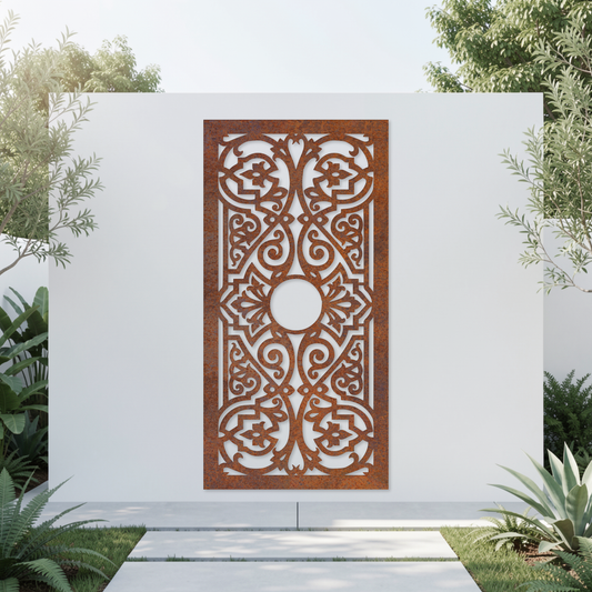 Corten Steel Garden Screen - Medallion Scroll Design