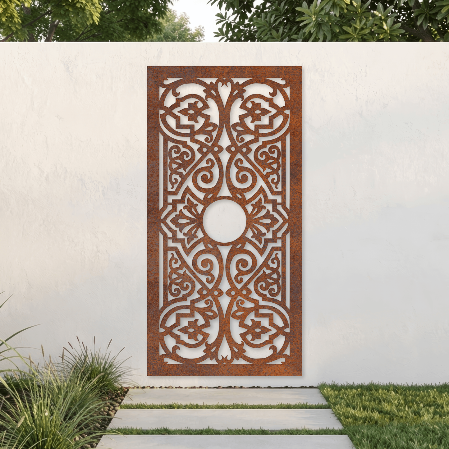 Corten Steel Garden Screen - Medallion Scroll Design