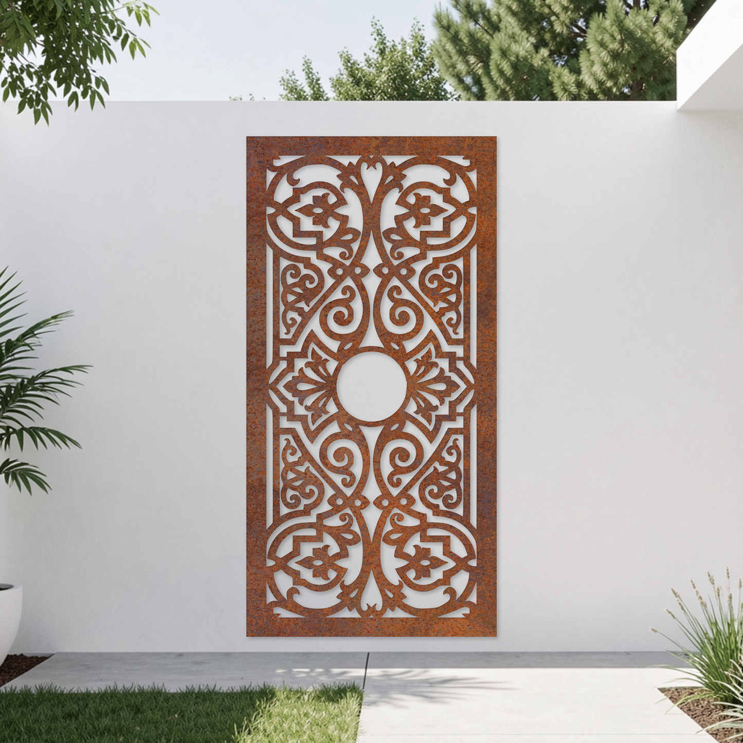 Corten Steel Garden Screen - Medallion Scroll Design