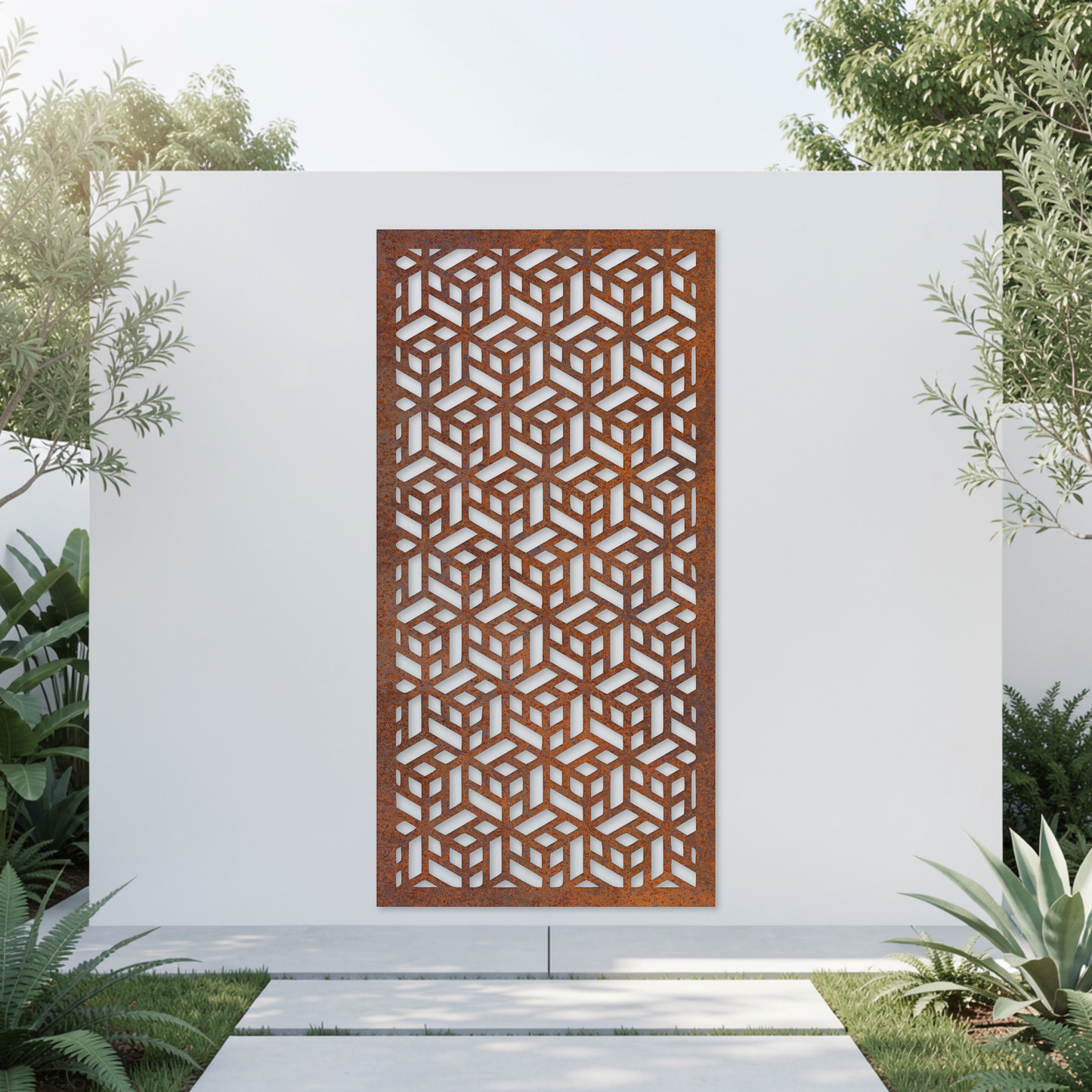 Corten Steel Garden Screen - Cube Pattern Design