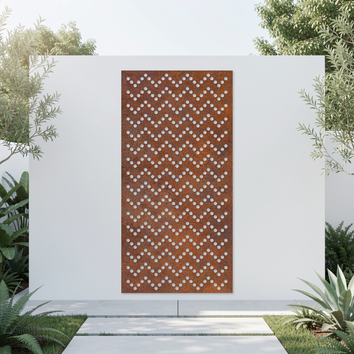 Corten Steel Garden Screen - Perforated Chevron Pattern Design