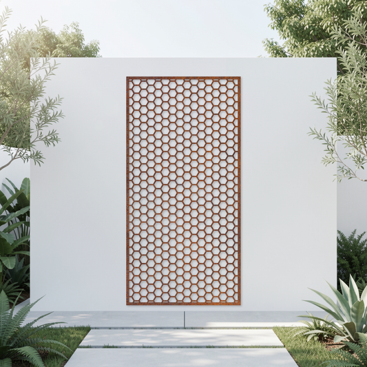 Corten Steel Garden Screen - Geometric Hexagon Design
