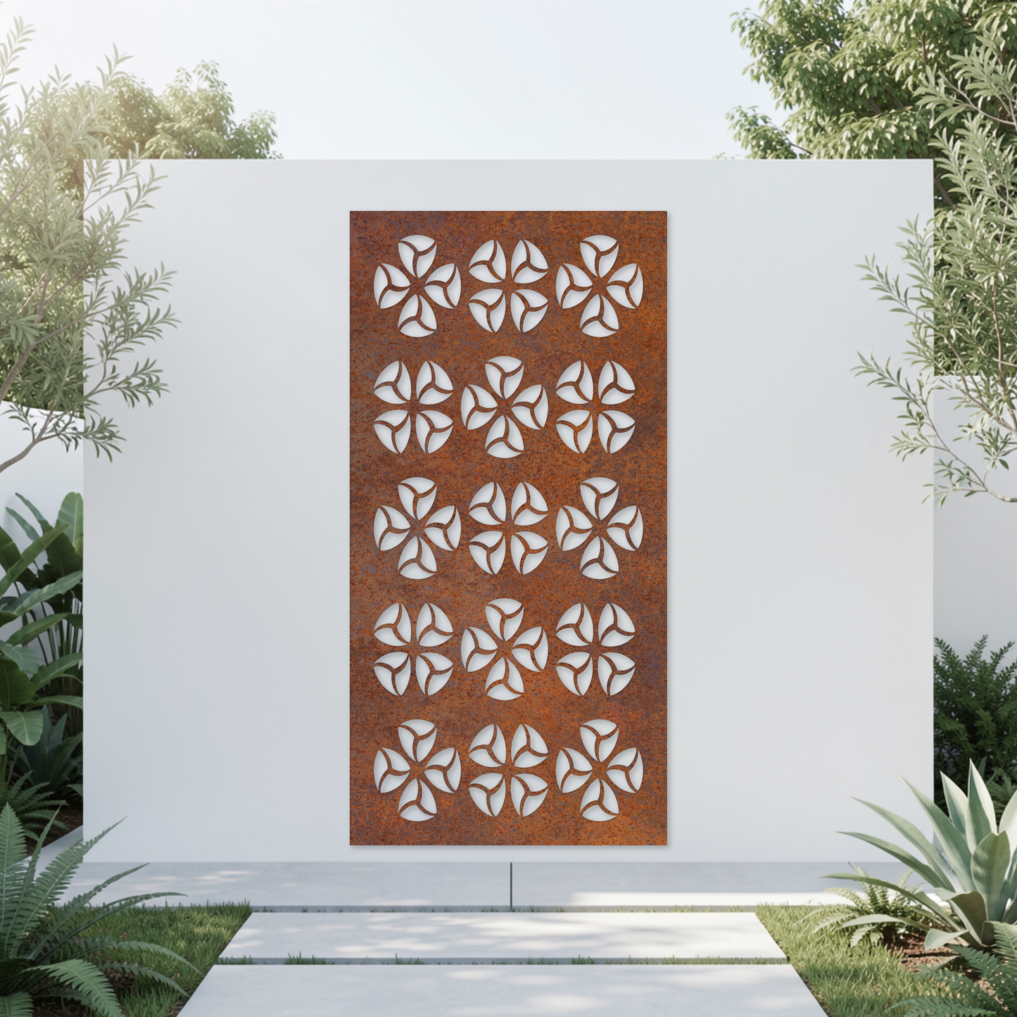 Corten Steel Garden Screen - Petal Rosette Pattern Design