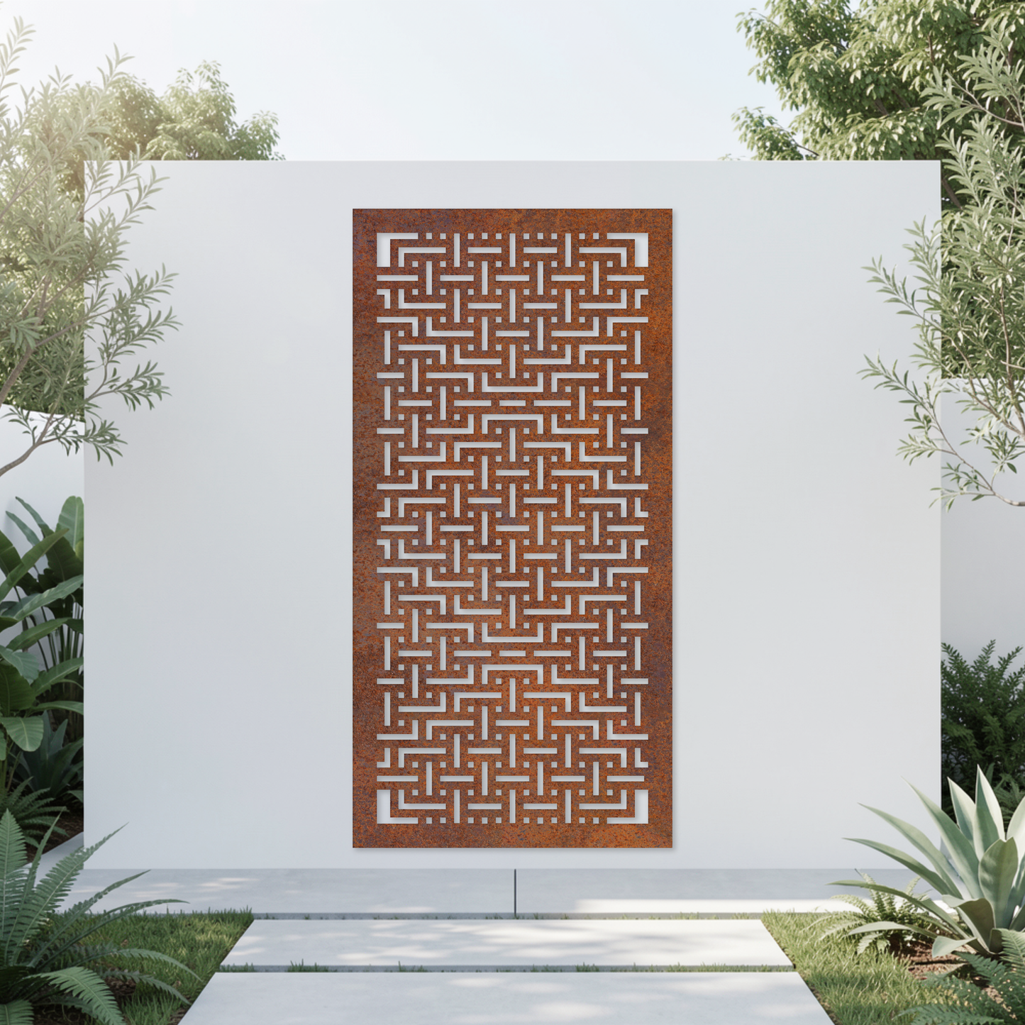 Corten Steel Garden Screen - Interlocking Grid Pattern Design