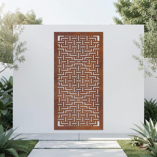 Corten Steel Garden Screen - Interlocking Grid Pattern Design