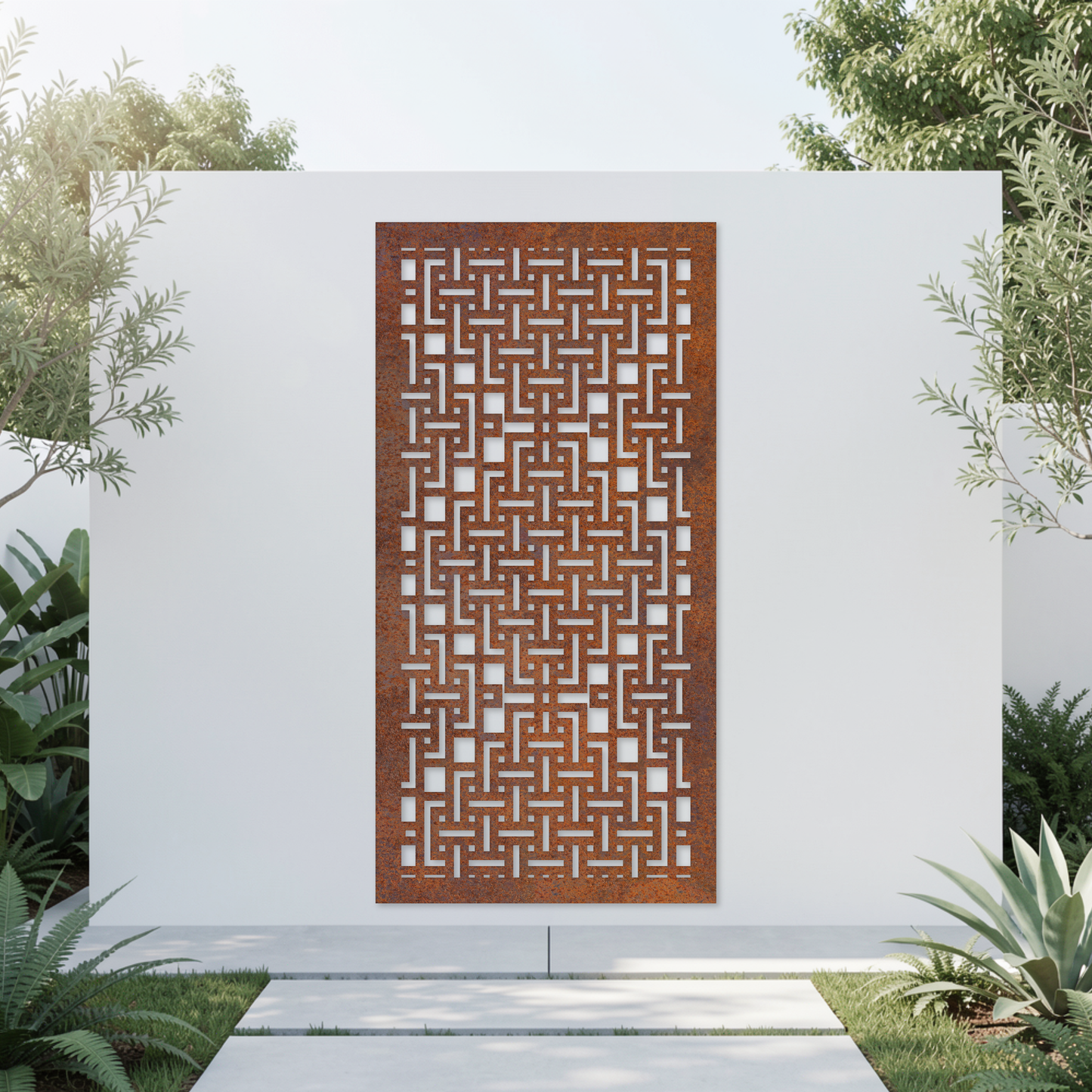 Corten Steel Garden Screen - Linear Basket Weave Pattern Design