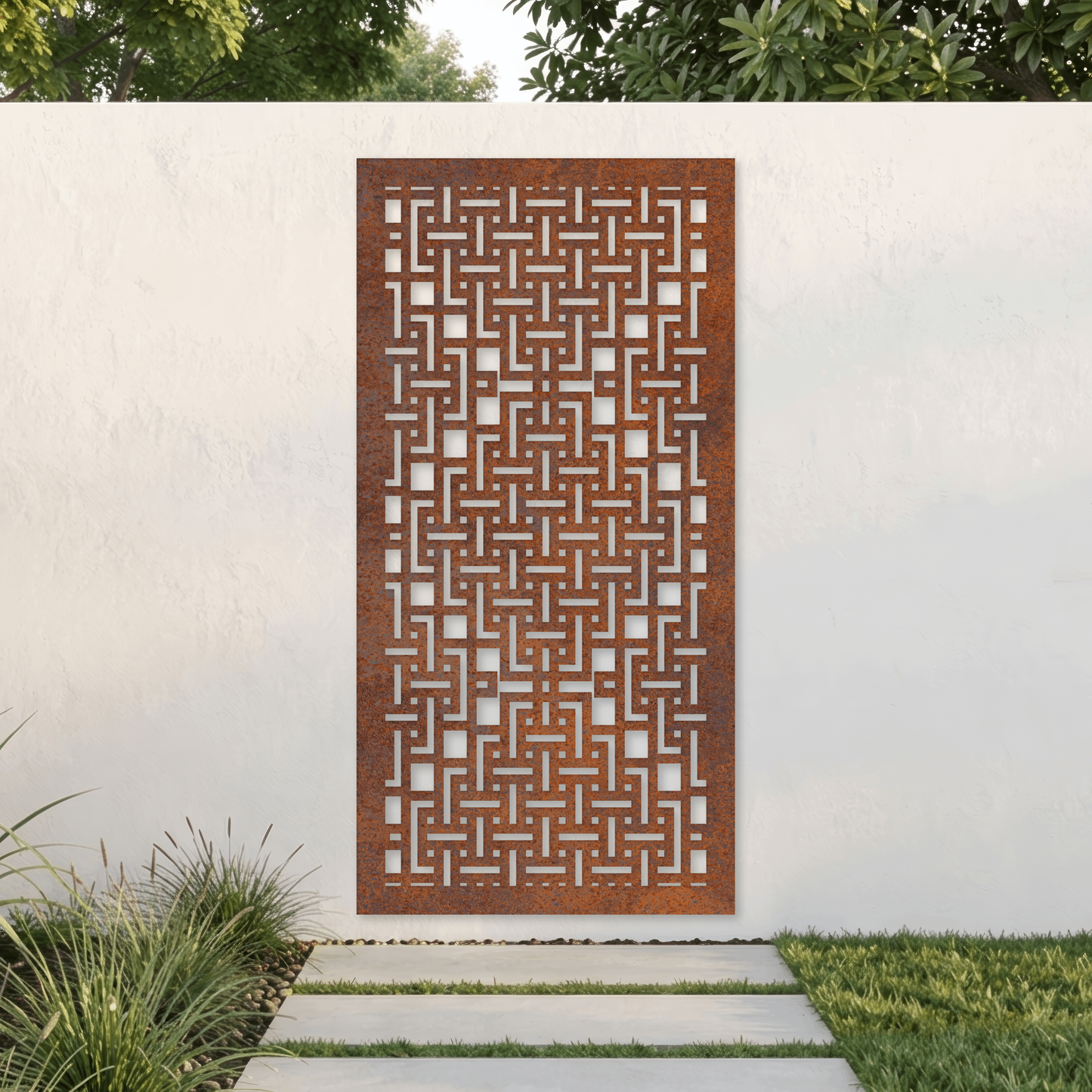 Corten Steel Garden Screen - Linear Basket Weave Pattern Design
