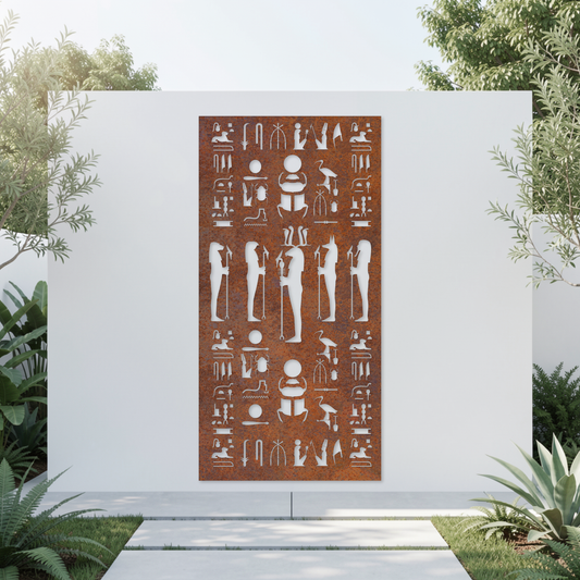 Corten Steel Garden Screen - Egyptian Hieroglyph Design