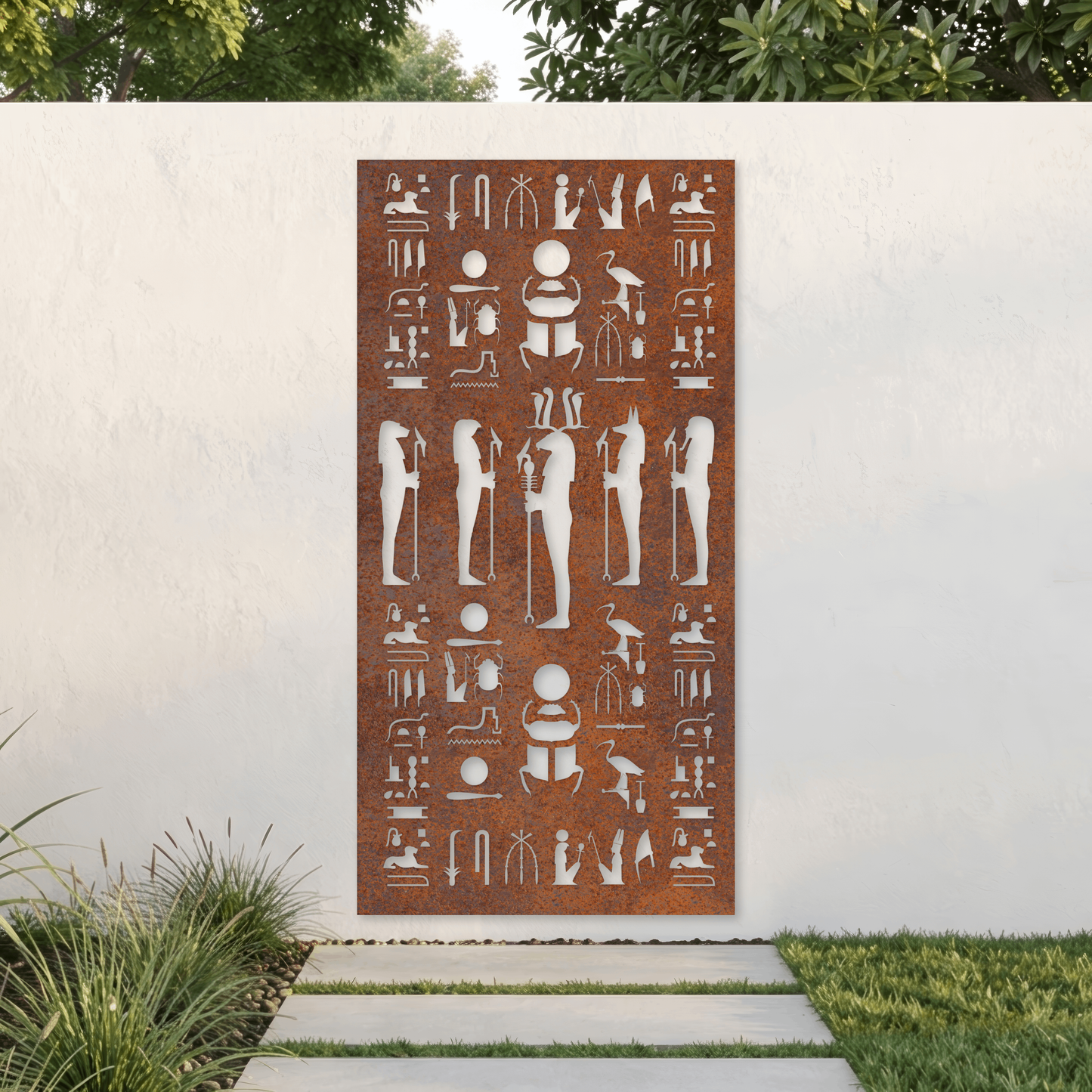 Corten Steel Garden Screen - Egyptian Hieroglyph Design