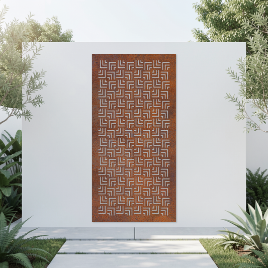 Corten Steel Garden Screen - Stepped Weave Design